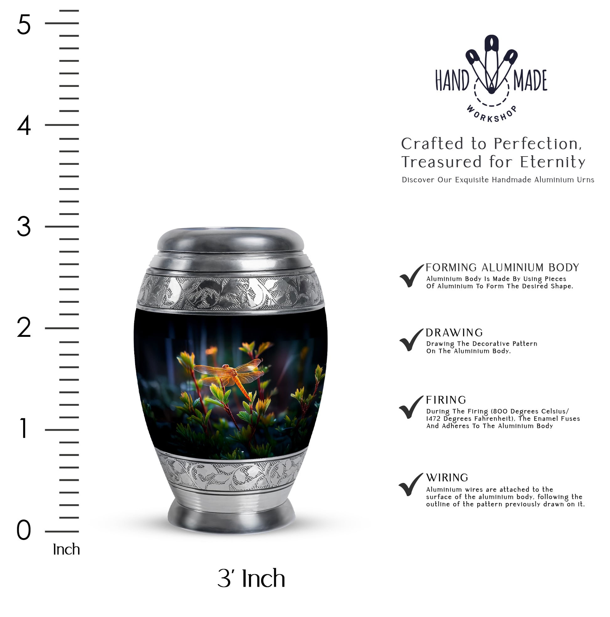 Onyx Black Dragonfly Cremation Urn lifestyle display on memorial shelf - royal dragonfly engraving with decorative scrollwork - mini keepsake memorial for portion of cremation ashes