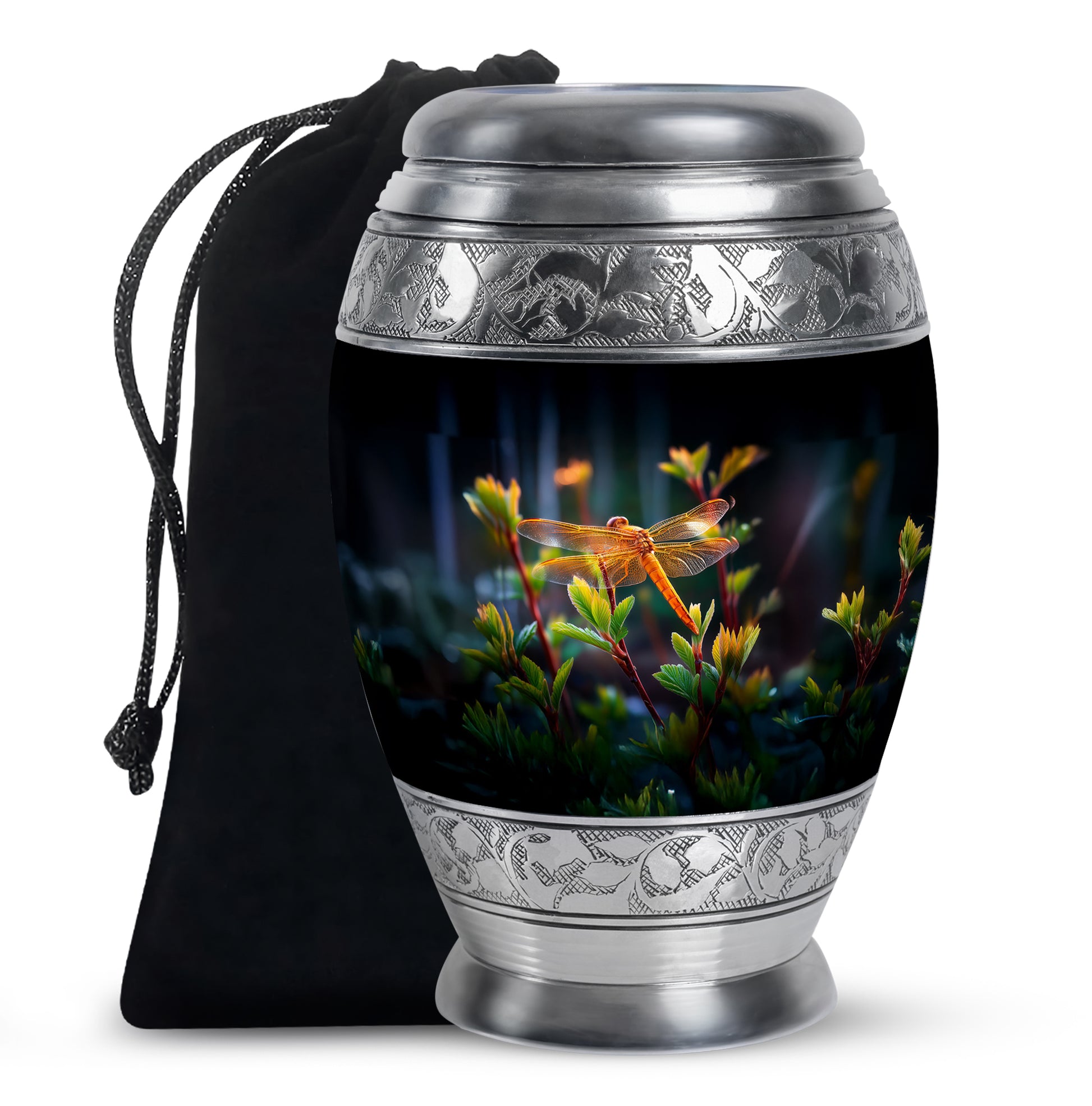 Jet Black Dragonfly Cremation Urn back view with polished surface - regal dragonfly design with crown-inspired accents - full-size 10 inch 200 cubic inch adult cremation urn
