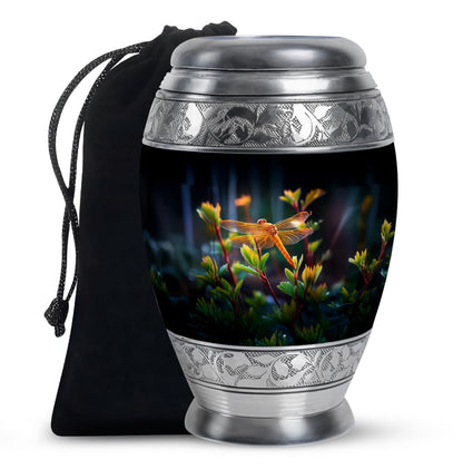 Jet Black Dragonfly Cremation Urn back view with polished surface - regal dragonfly design with crown-inspired accents - full-size 10 inch 200 cubic inch adult cremation urn