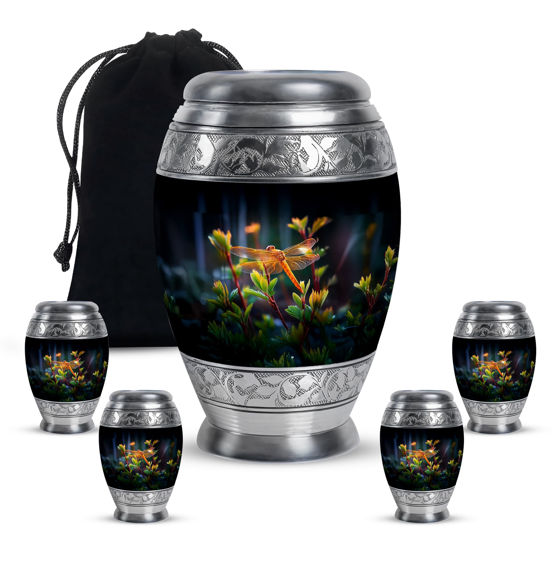 Dark Black Dragonfly Cremation Urn detail view - majestic dragonfly pattern with filigree border - memorial set with one large and four small urns