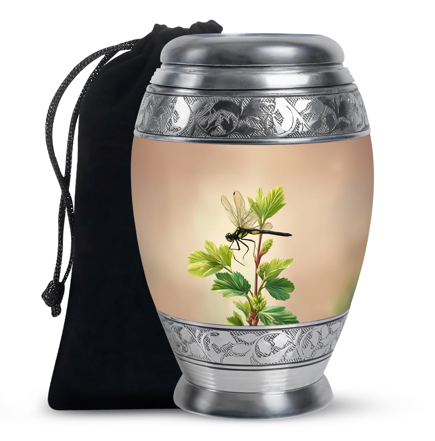Harvest Gold Dragonfly Cremation Urn back view with polished surface - royal dragonfly engraving with decorative scrollwork - full-size 10 inch 200 cubic inch adult cremation urn