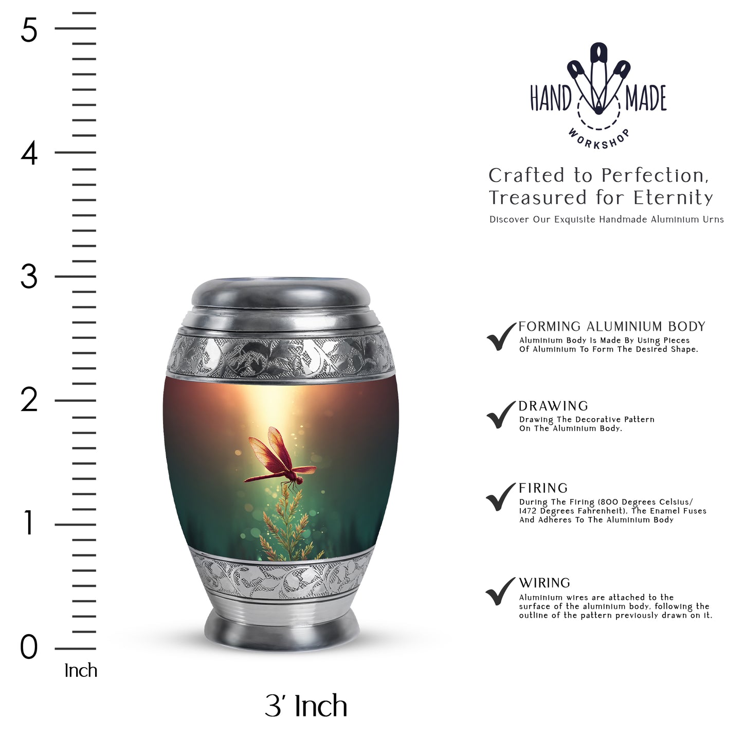 Gilded Gold Dragonfly Cremation Urn lifestyle display on memorial shelf - ornate monarch-style dragonfly relief on brushed aluminum - mini keepsake memorial for portion of cremation ashes