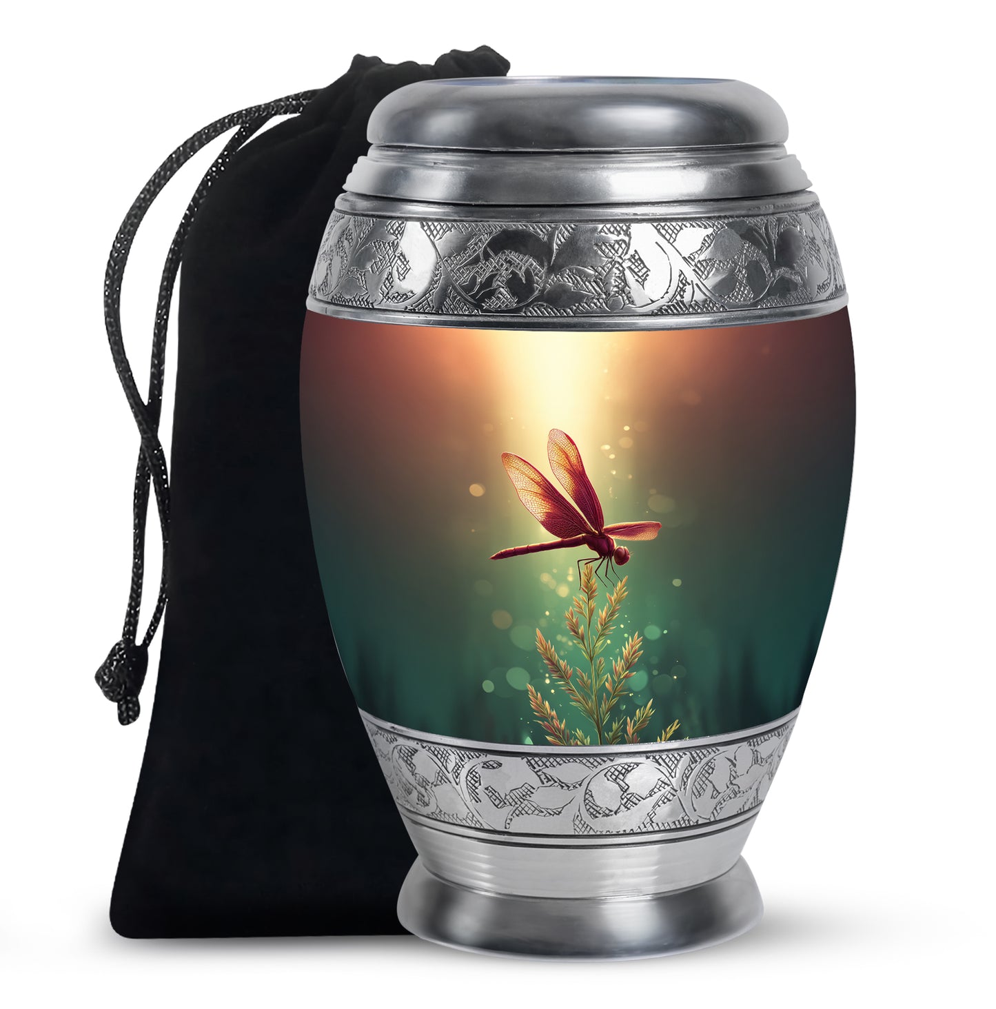 Harvest Gold Dragonfly Cremation Urn back view with polished surface - royal dragonfly engraving with decorative scrollwork - full-size 10 inch 200 cubic inch adult cremation urn