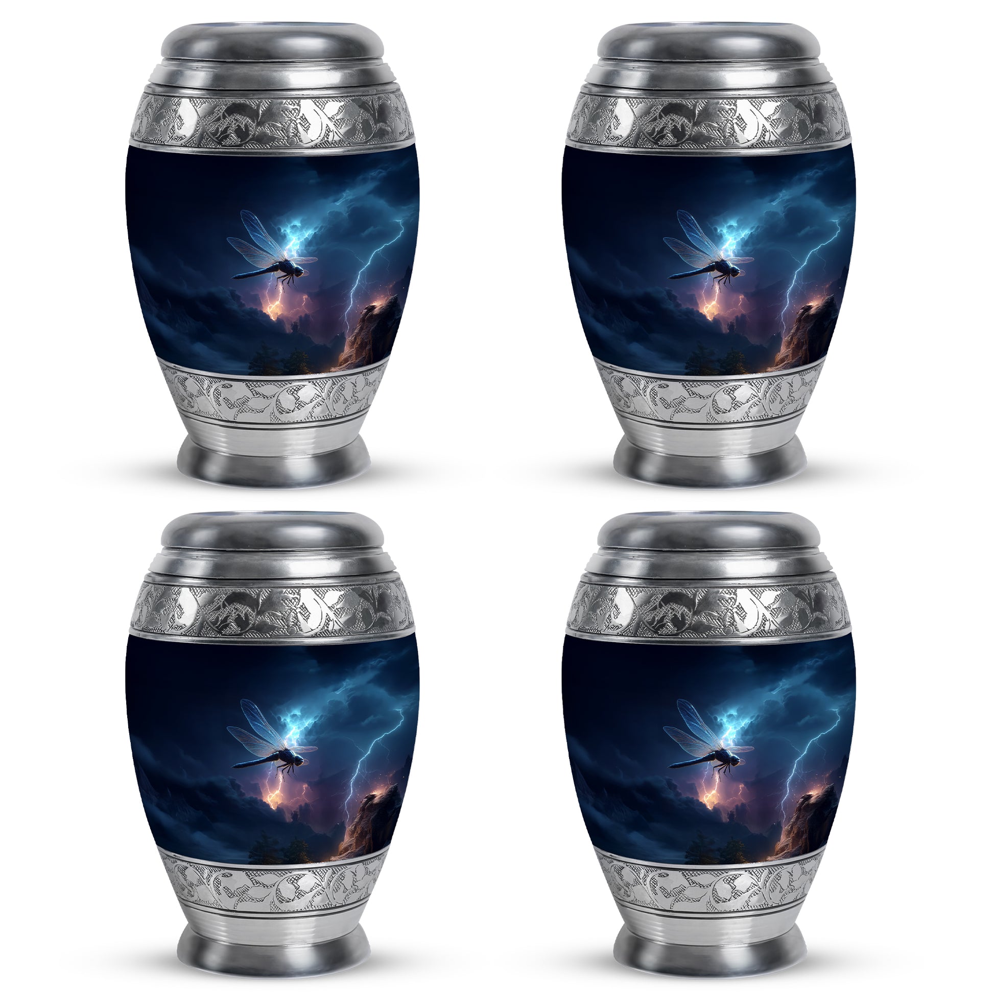 Powder Blue Dragonfly Cremation Urn urn with complimentary velvet bag - regal dragonfly design with crown-inspired accents - 10 inch aluminum urn for cremated remains
