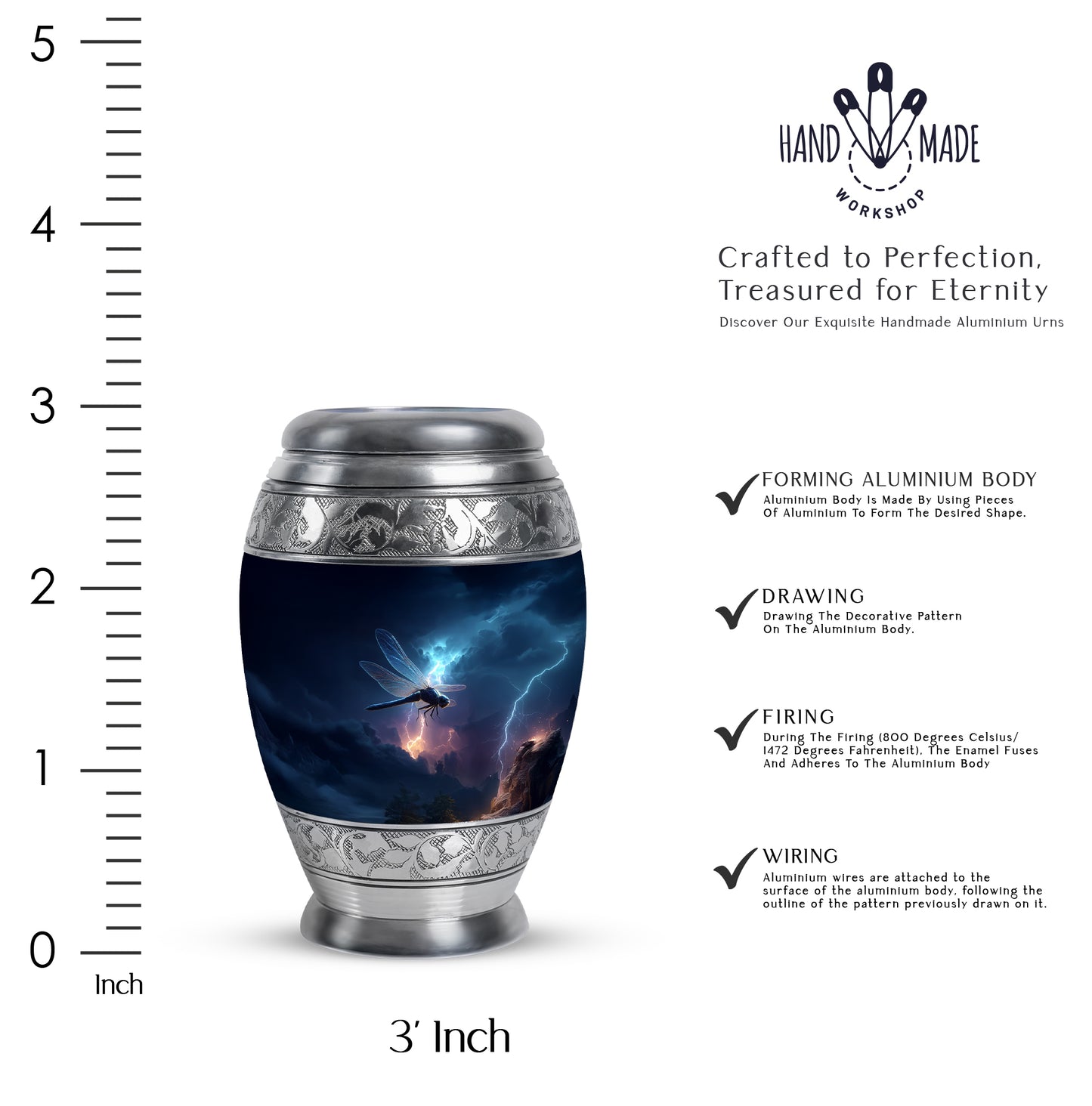Serene Blue Dragonfly Cremation Urn lifestyle display on memorial shelf - royal dragonfly engraving with decorative scrollwork - mini keepsake memorial for portion of cremation ashes