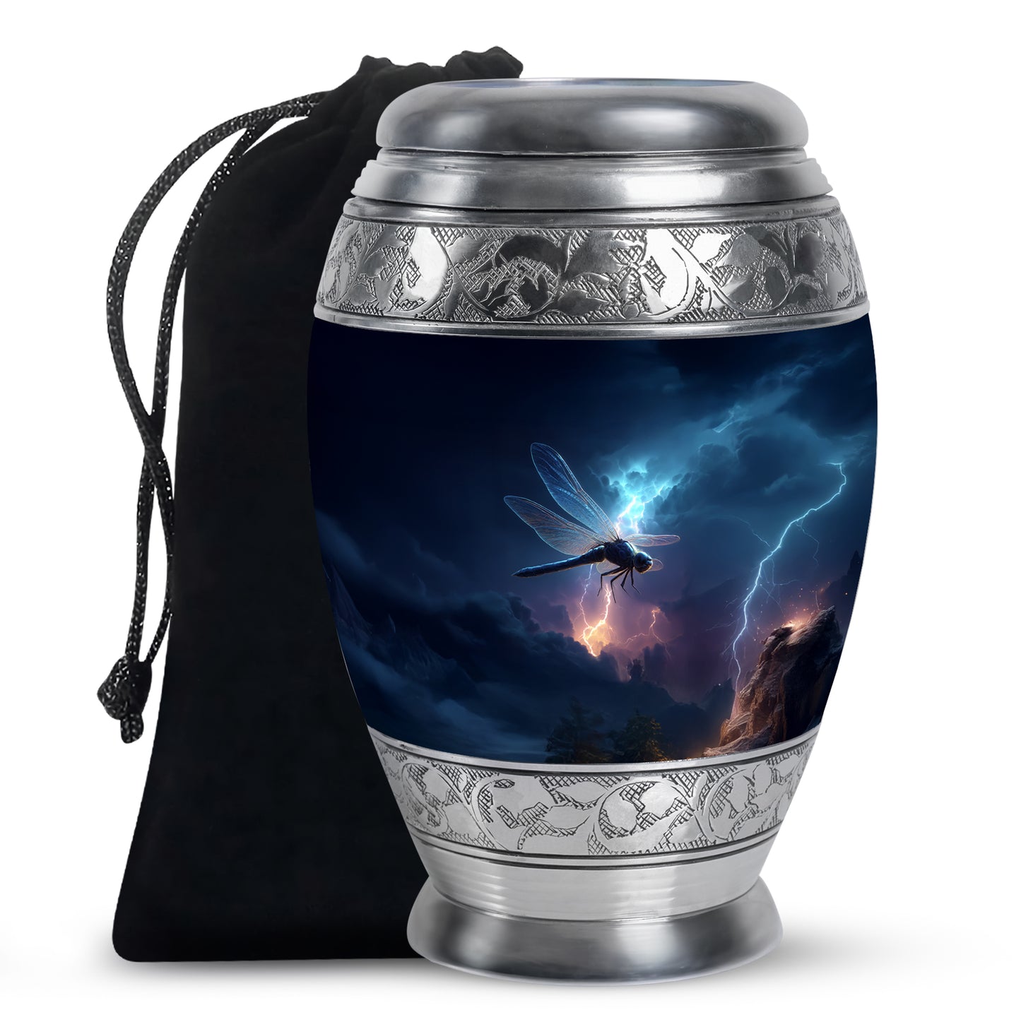 Cornflower Blue Dragonfly Cremation Urn back view with polished surface - majestic dragonfly pattern with filigree border - full-size 10 inch 200 cubic inch adult cremation urn