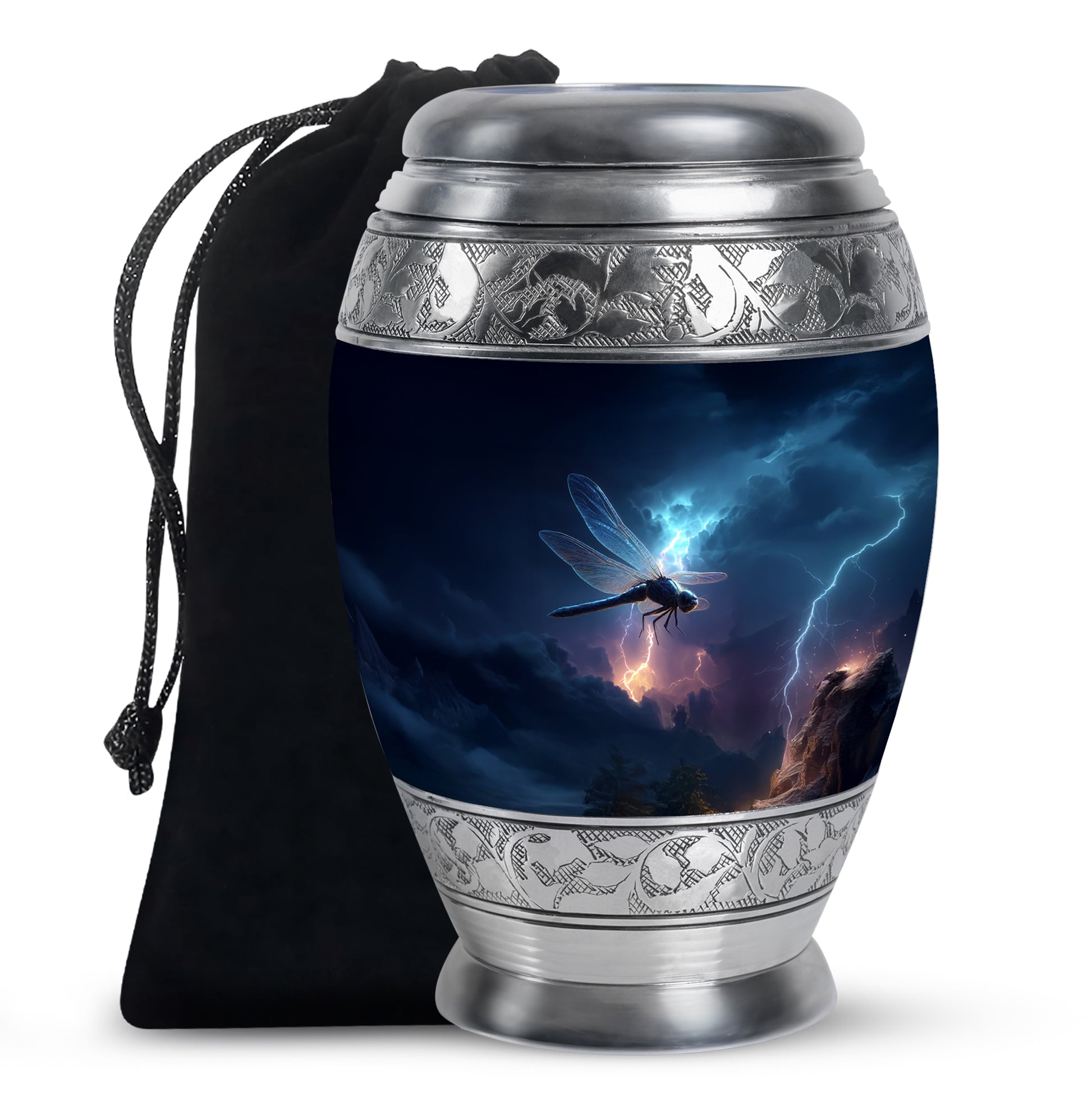 Cornflower Blue Dragonfly Cremation Urn back view with polished surface - majestic dragonfly pattern with filigree border - full-size 10 inch 200 cubic inch adult cremation urn