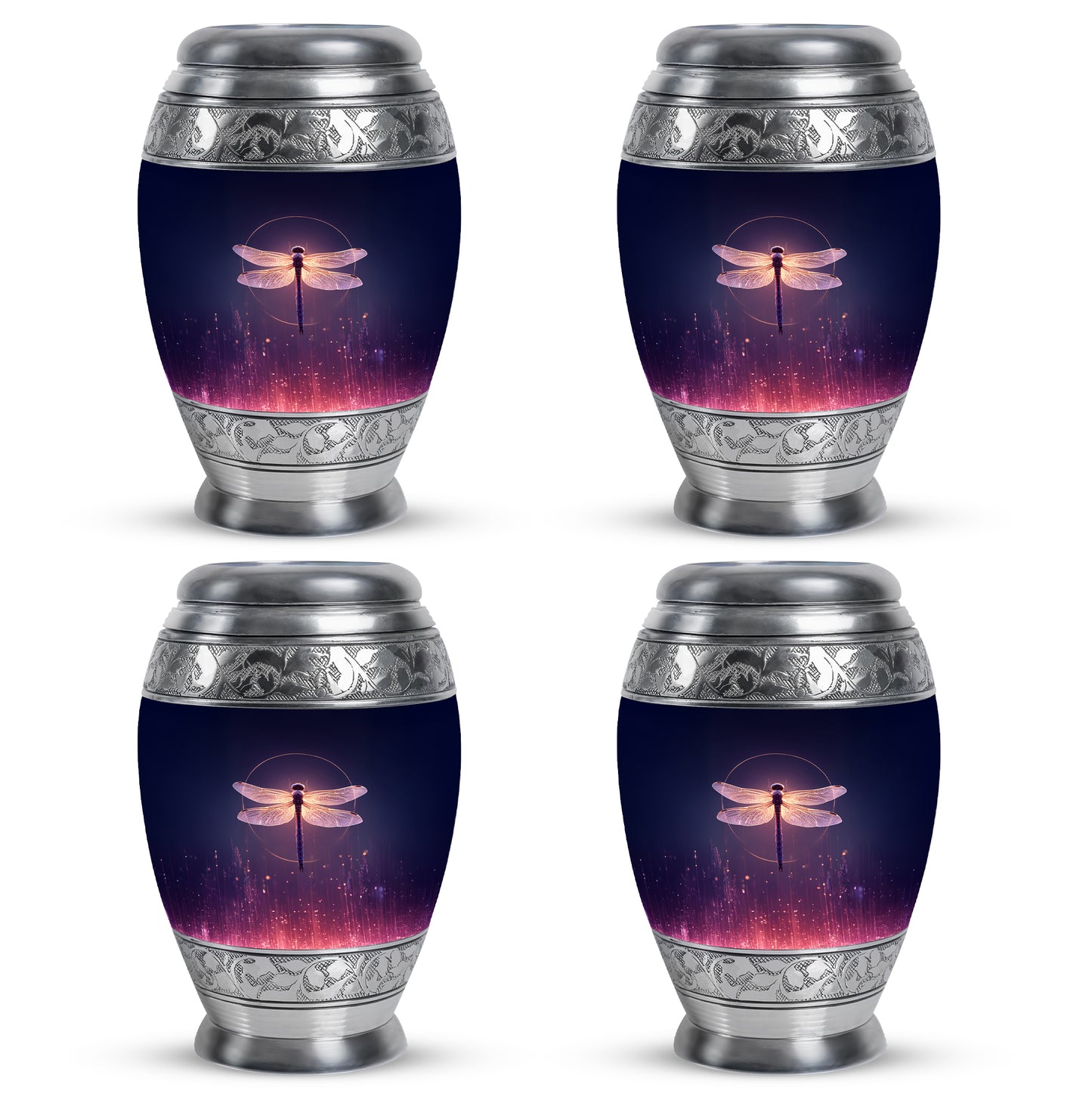 Slate Blue Dragonfly Cremation Urn urn with complimentary velvet bag - ornate monarch-style dragonfly relief on brushed aluminum - 10 inch aluminum urn for cremated remains