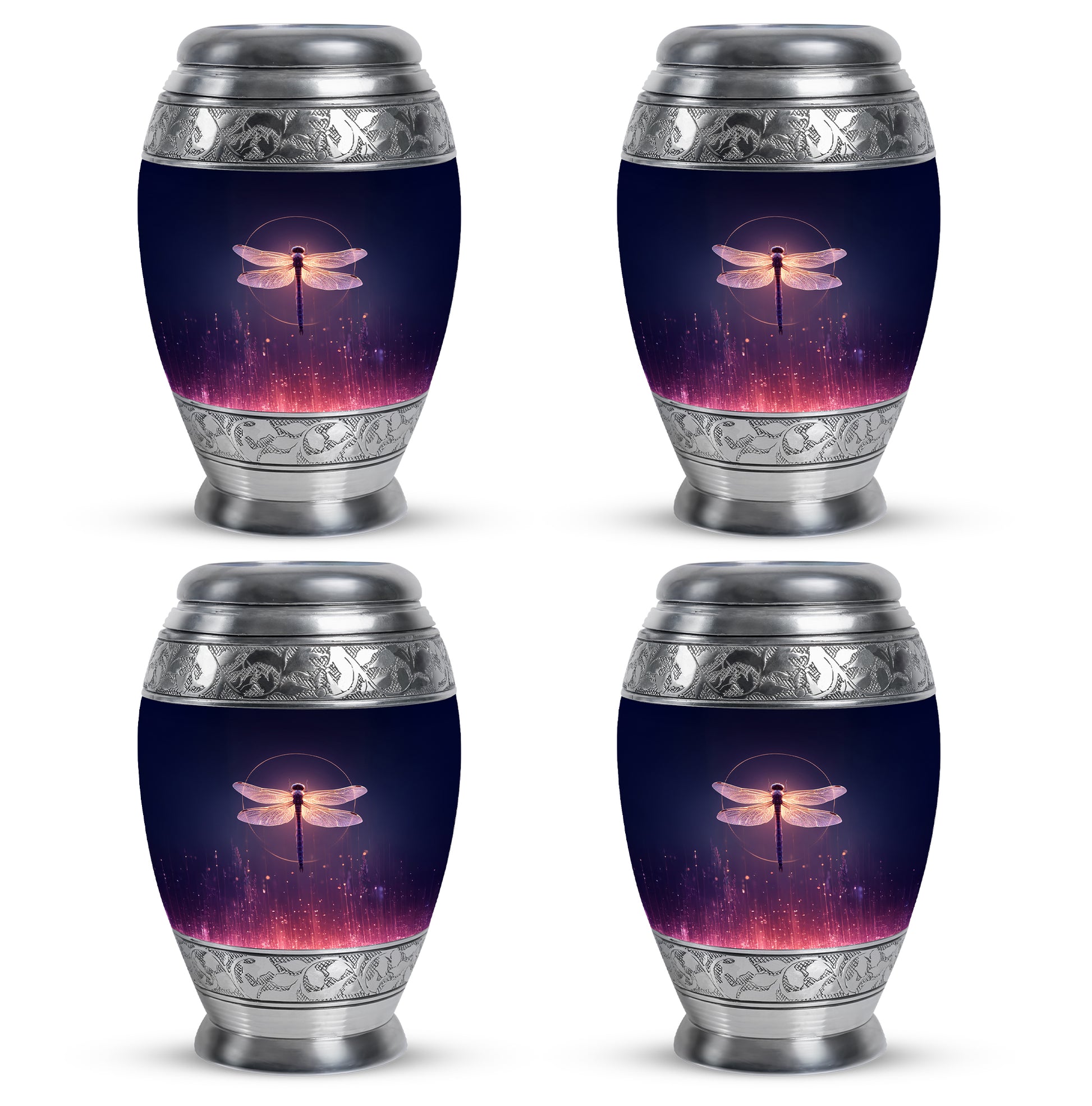Slate Blue Dragonfly Cremation Urn urn with complimentary velvet bag - ornate monarch-style dragonfly relief on brushed aluminum - 10 inch aluminum urn for cremated remains
