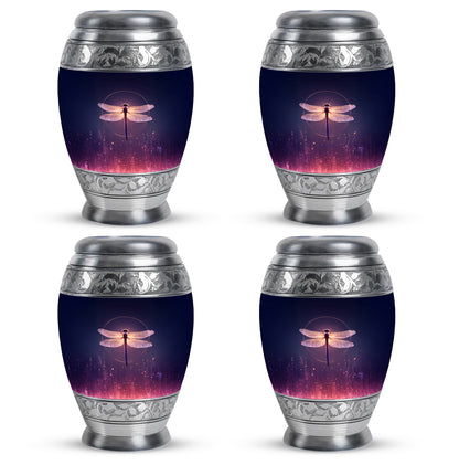 Slate Blue Dragonfly Cremation Urn urn with complimentary velvet bag - ornate monarch-style dragonfly relief on brushed aluminum - 10 inch aluminum urn for cremated remains