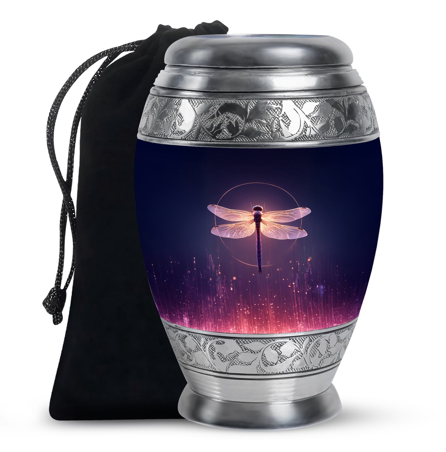 Navy Blue Dragonfly Cremation Urn back view with polished surface - regal dragonfly design with crown-inspired accents - full-size 10 inch 200 cubic inch adult cremation urn