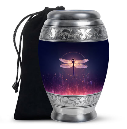 Navy Blue Dragonfly Cremation Urn back view with polished surface - regal dragonfly design with crown-inspired accents - full-size 10 inch 200 cubic inch adult cremation urn
