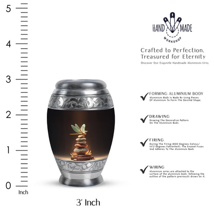 Wine Red Dragonfly Cremation Urn lifestyle display on memorial shelf - regal dragonfly design with crown-inspired accents - mini keepsake memorial for portion of cremation ashes