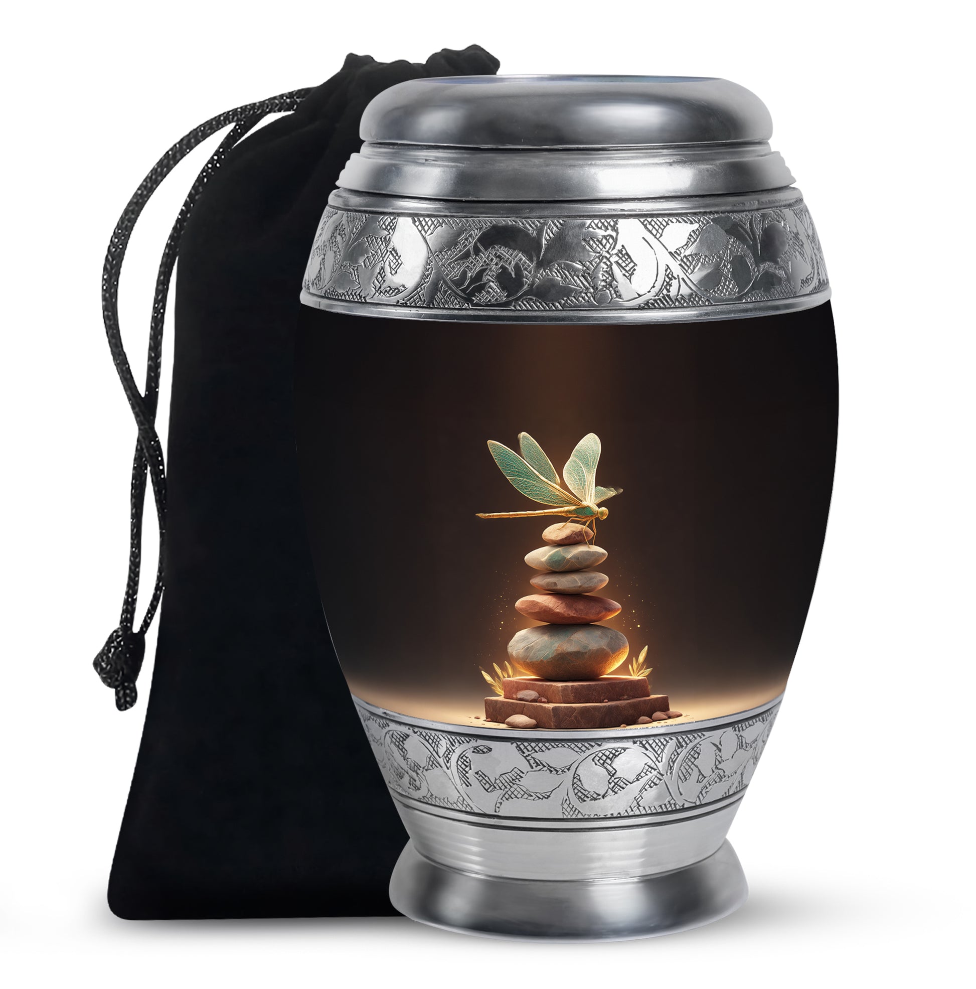 Deep Red Dragonfly Cremation Urn back view with polished surface - regal dragonfly design with crown-inspired accents - full-size 10 inch 200 cubic inch adult cremation urn