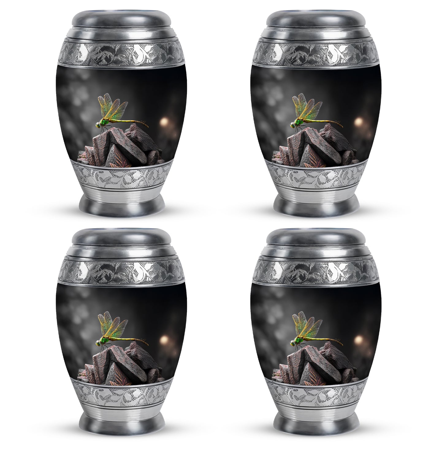 Dark Black Dragonfly Cremation Urn urn with complimentary velvet bag - royal dragonfly engraving with decorative scrollwork - 10 inch aluminum urn for cremated remains
