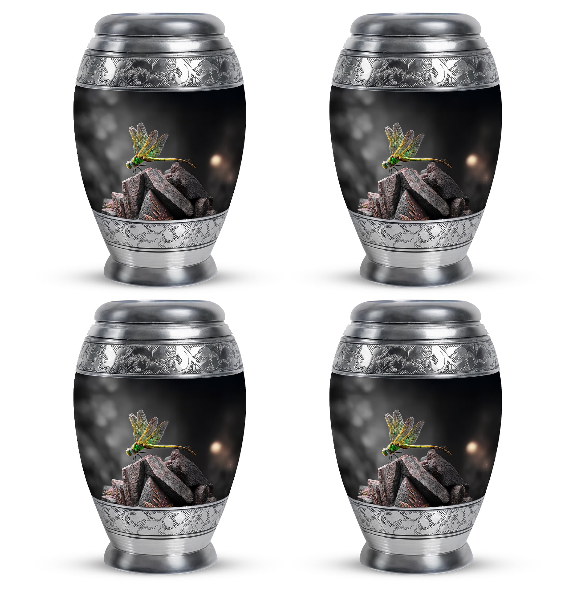 Dark Black Dragonfly Cremation Urn urn with complimentary velvet bag - royal dragonfly engraving with decorative scrollwork - 10 inch aluminum urn for cremated remains
