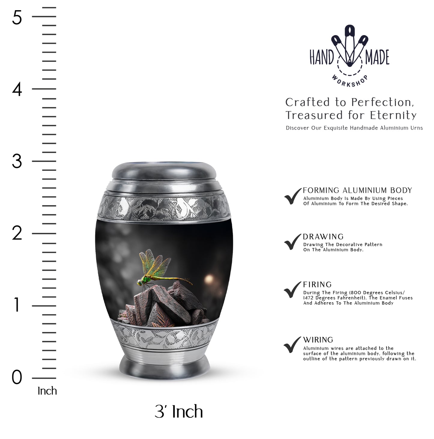 Ebony Dragonfly Cremation Urn lifestyle display on memorial shelf - ornate monarch-style dragonfly relief on brushed aluminum - mini keepsake memorial for portion of cremation ashes