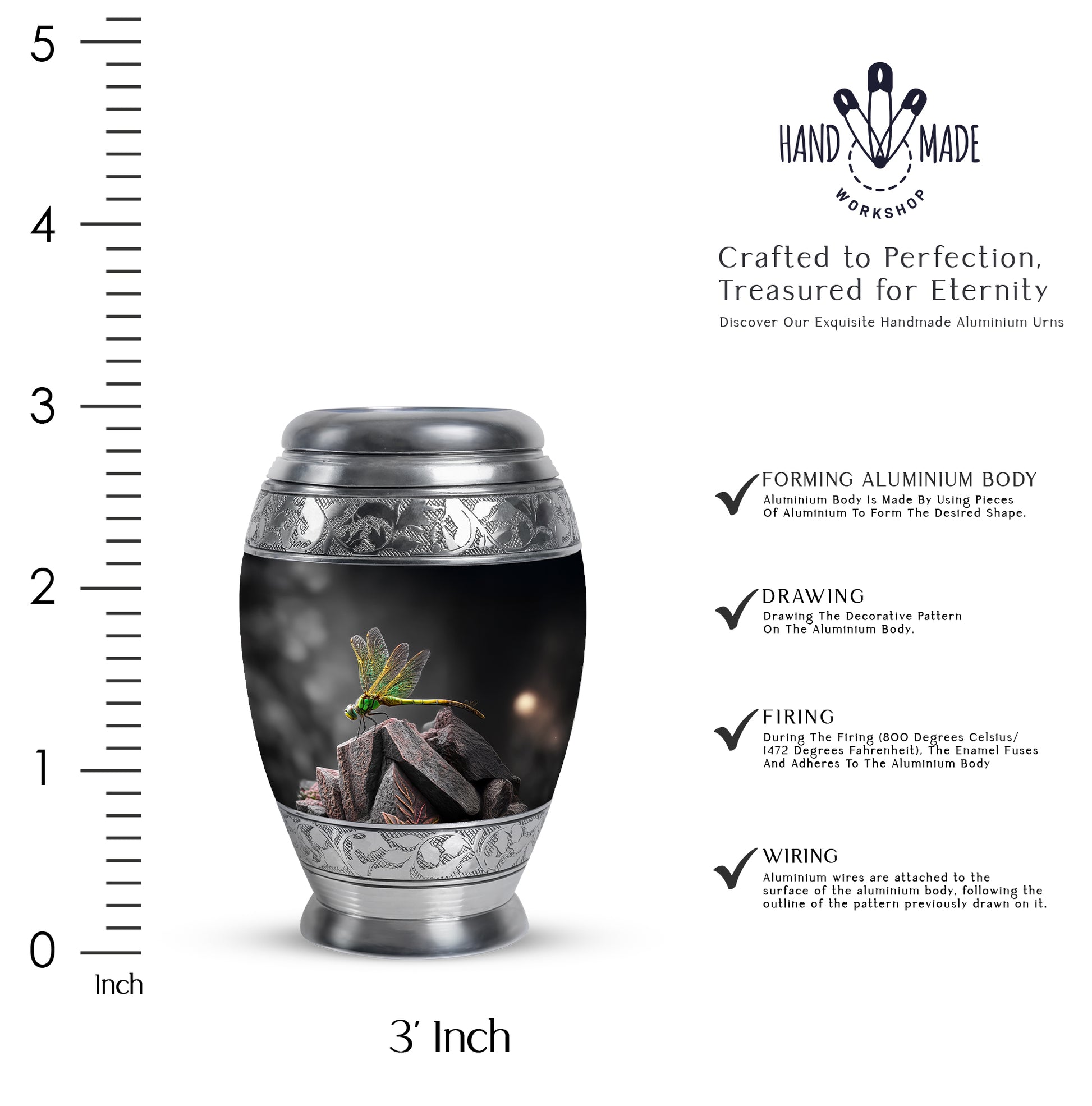 Ebony Dragonfly Cremation Urn lifestyle display on memorial shelf - ornate monarch-style dragonfly relief on brushed aluminum - mini keepsake memorial for portion of cremation ashes