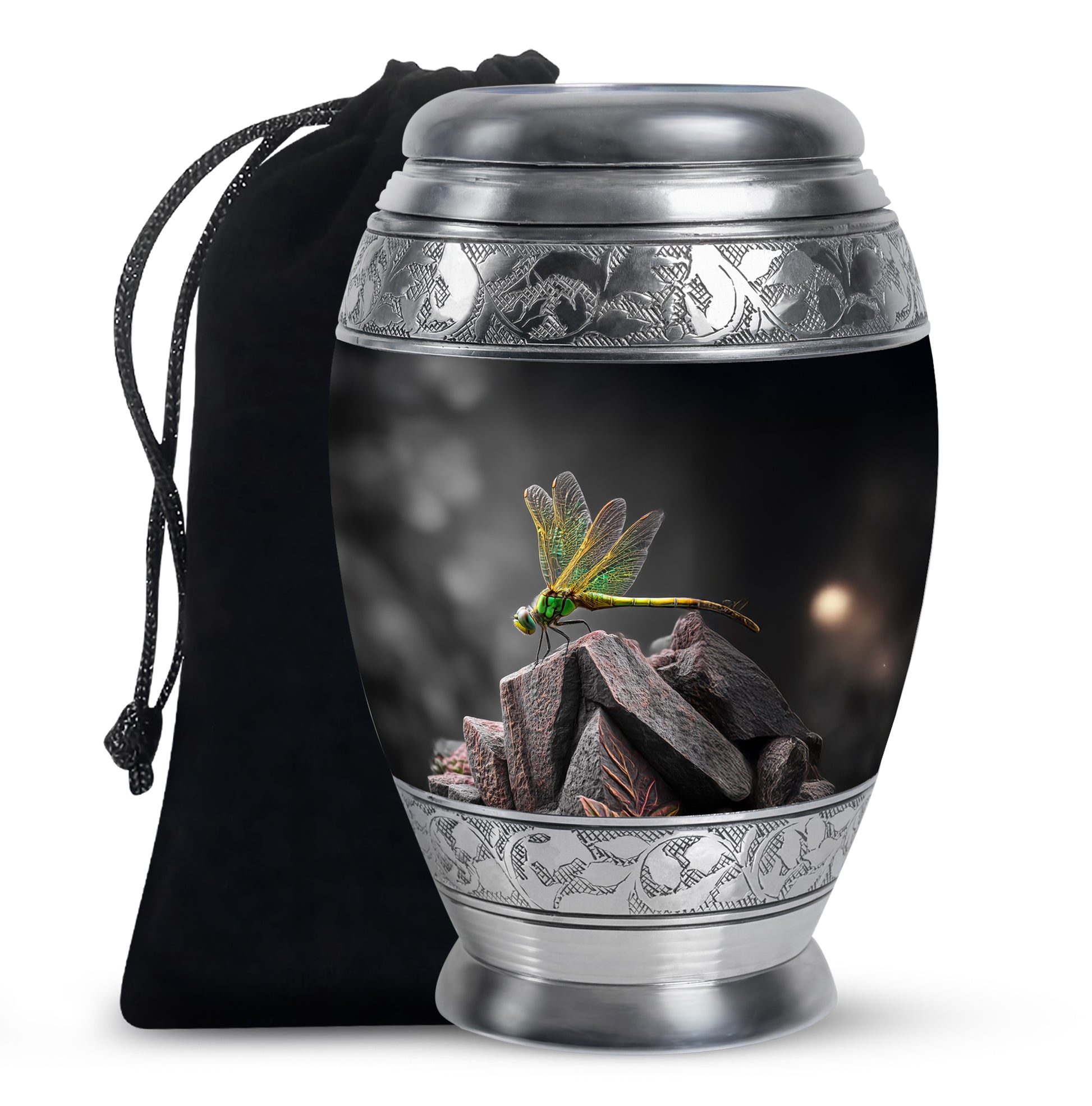 Ebony Dragonfly Cremation Urn back view with polished surface - regal dragonfly design with crown-inspired accents - full-size 10 inch 200 cubic inch adult cremation urn