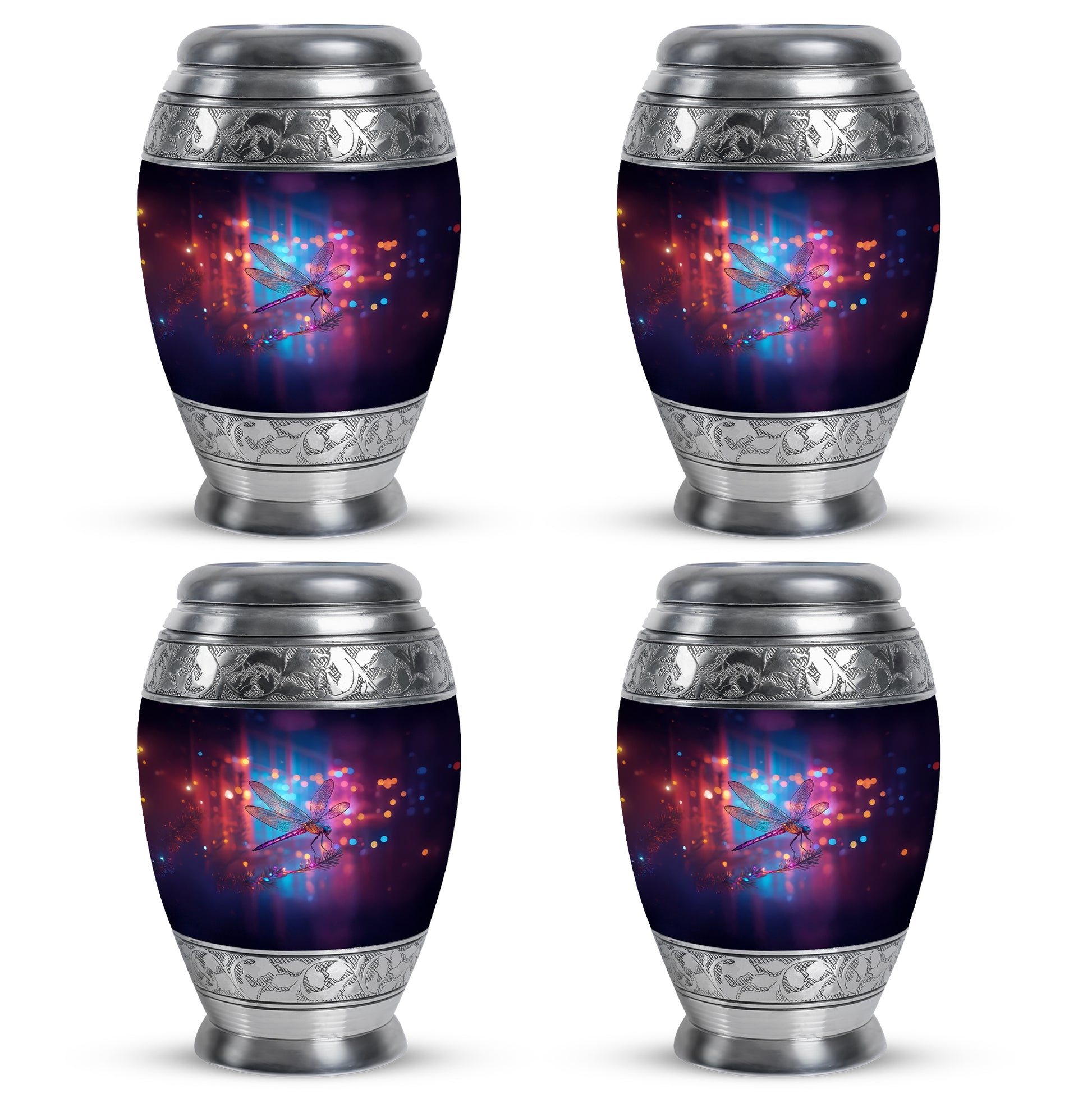 Slate Blue Dragonfly Cremation Urn urn with complimentary velvet bag - ornate monarch-style dragonfly relief on brushed aluminum - 10 inch aluminum urn for cremated remains
