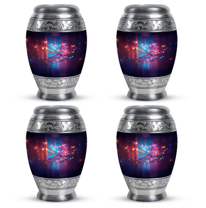 Slate Blue Dragonfly Cremation Urn urn with complimentary velvet bag - ornate monarch-style dragonfly relief on brushed aluminum - 10 inch aluminum urn for cremated remains