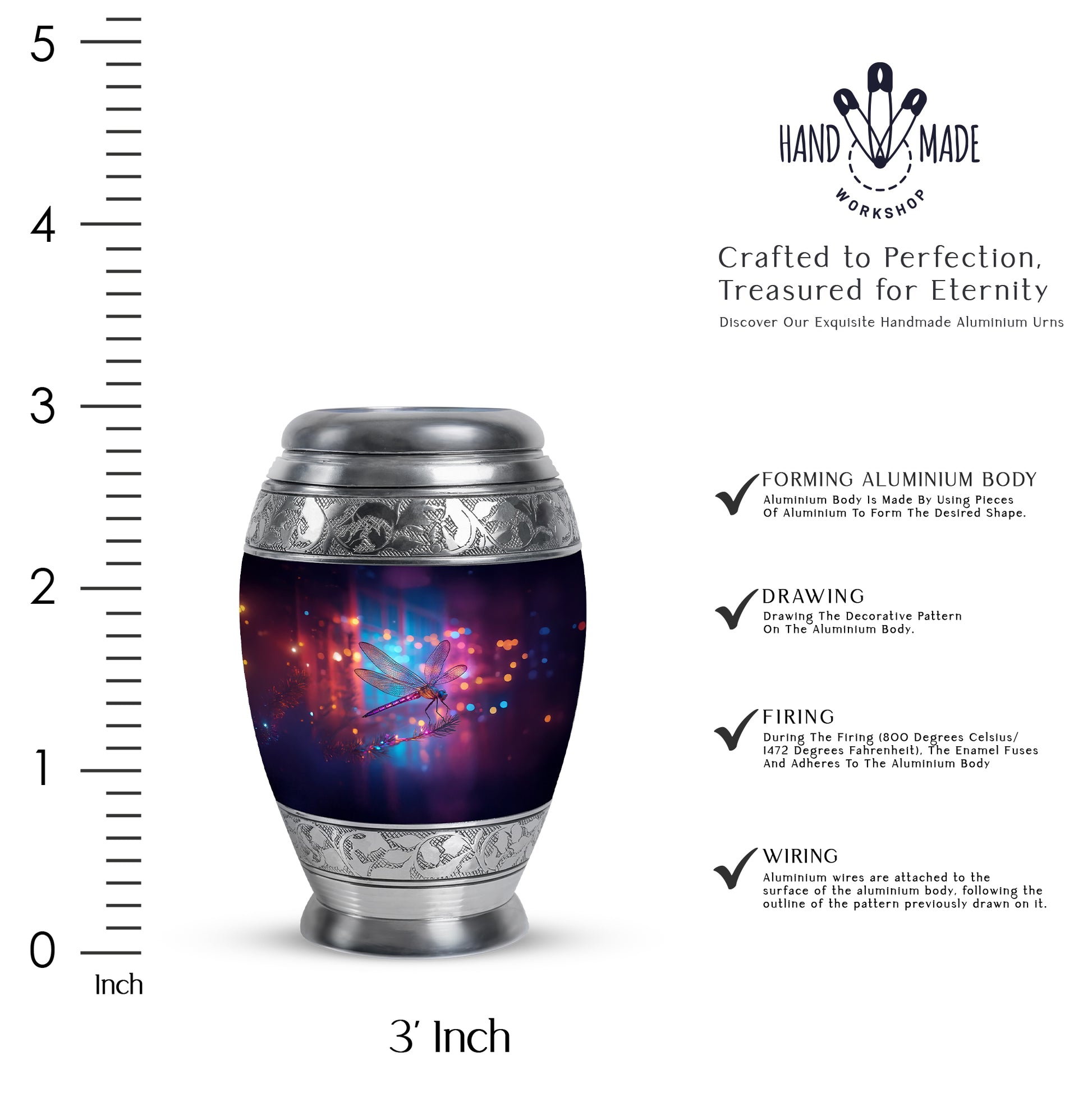 Dusty Blue Dragonfly Cremation Urn lifestyle display on memorial shelf - ornate monarch-style dragonfly relief on brushed aluminum - mini keepsake memorial for portion of cremation ashes