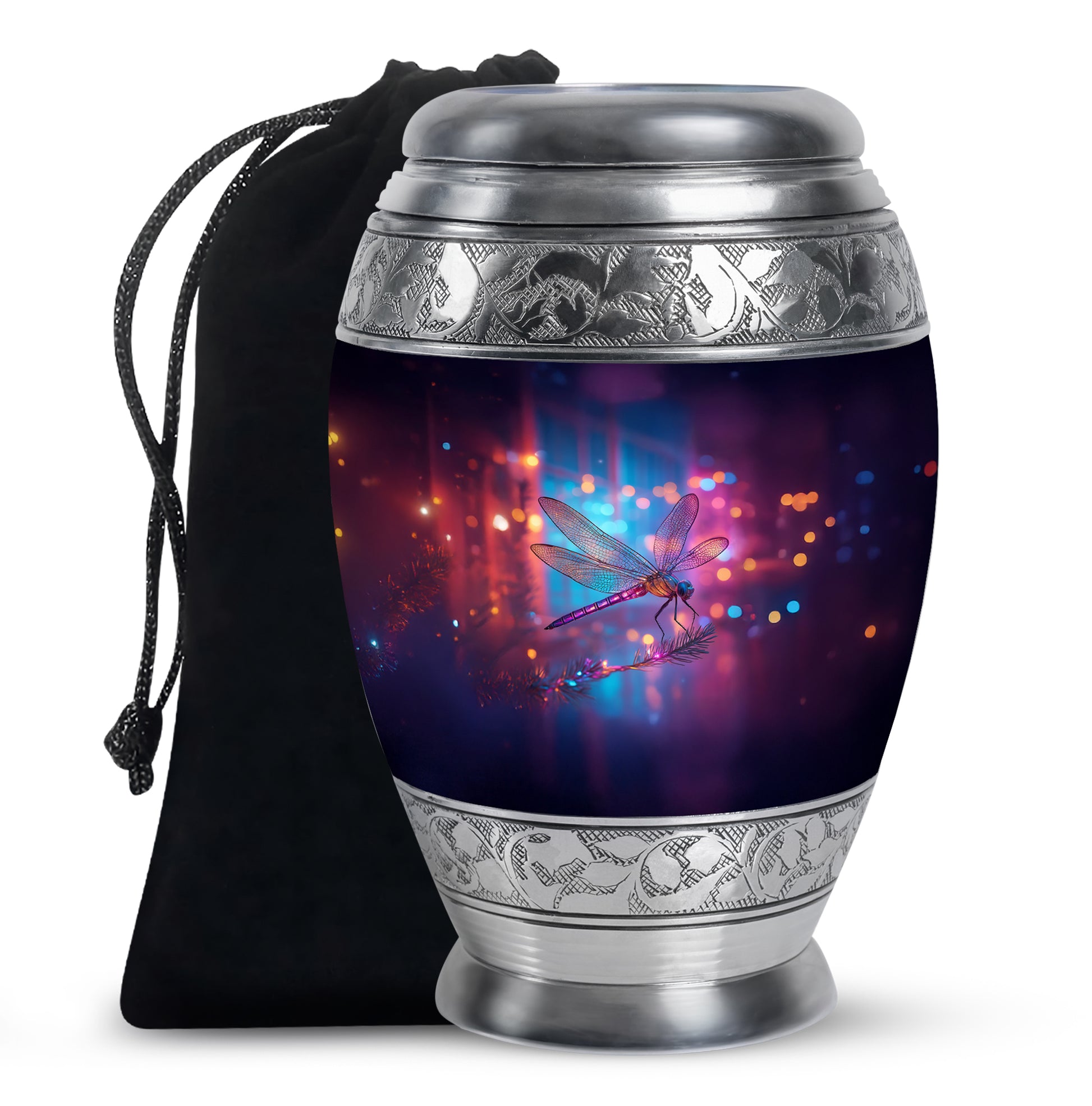 Powder Blue Dragonfly Cremation Urn back view with polished surface - ornate monarch-style dragonfly relief on brushed aluminum - full-size 10 inch 200 cubic inch adult cremation urn