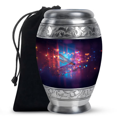 Powder Blue Dragonfly Cremation Urn back view with polished surface - ornate monarch-style dragonfly relief on brushed aluminum - full-size 10 inch 200 cubic inch adult cremation urn