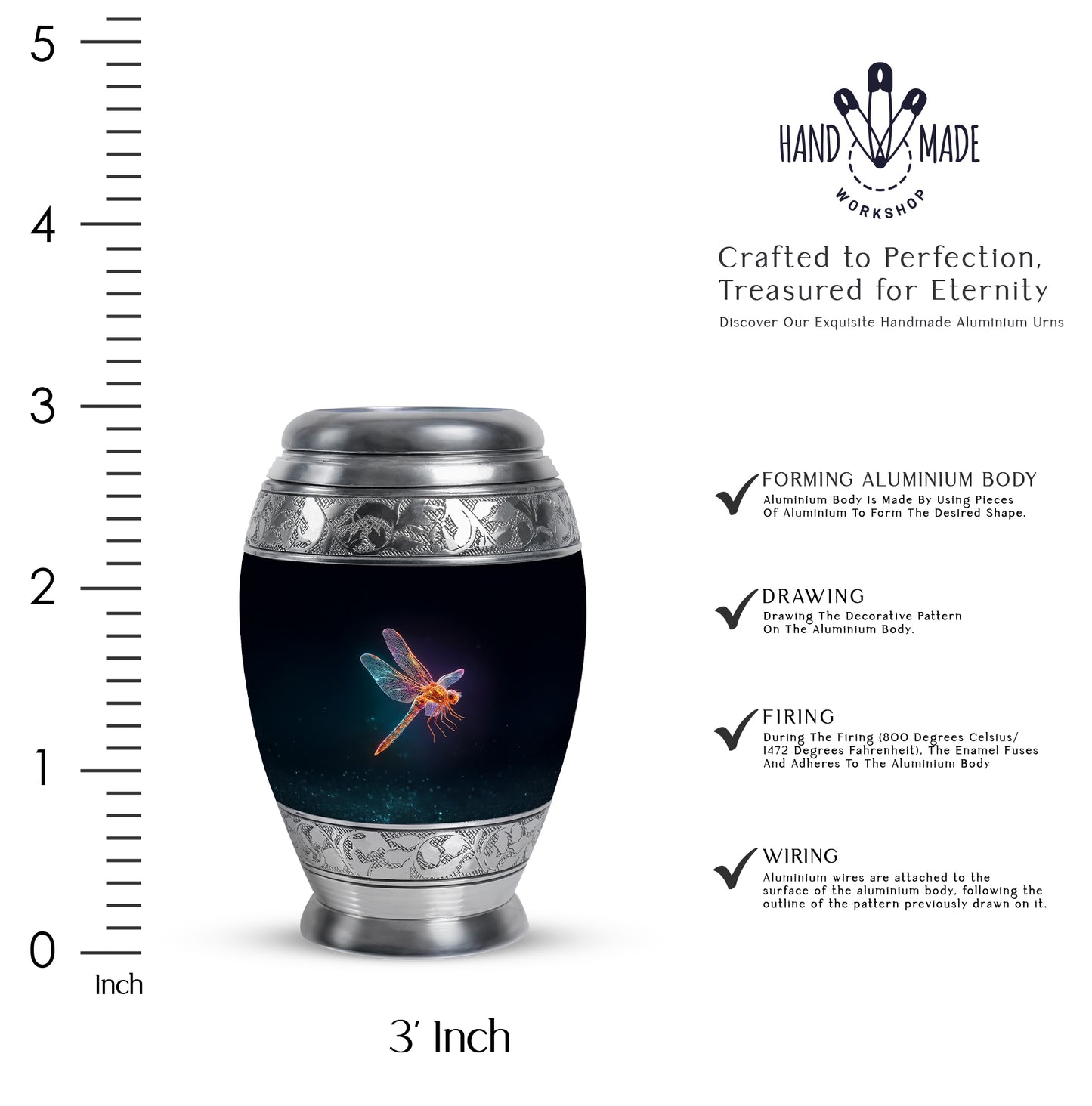 Midnight Black Dragonfly Cremation Urn lifestyle display on memorial shelf - majestic dragonfly pattern with filigree border - mini keepsake memorial for portion of cremation ashes