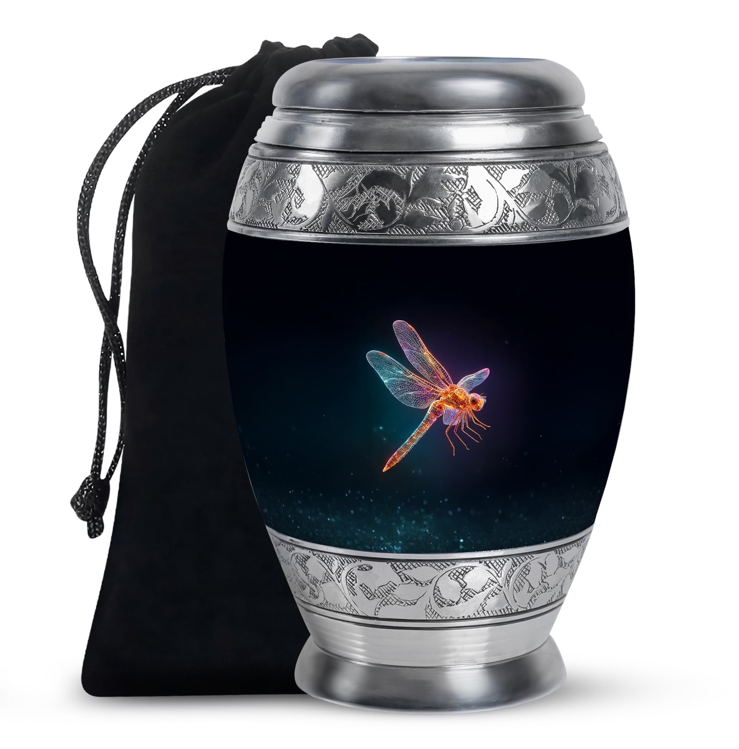Rich Black Dragonfly Cremation Urn back view with polished surface - regal dragonfly design with crown-inspired accents - full-size 10 inch 200 cubic inch adult cremation urn