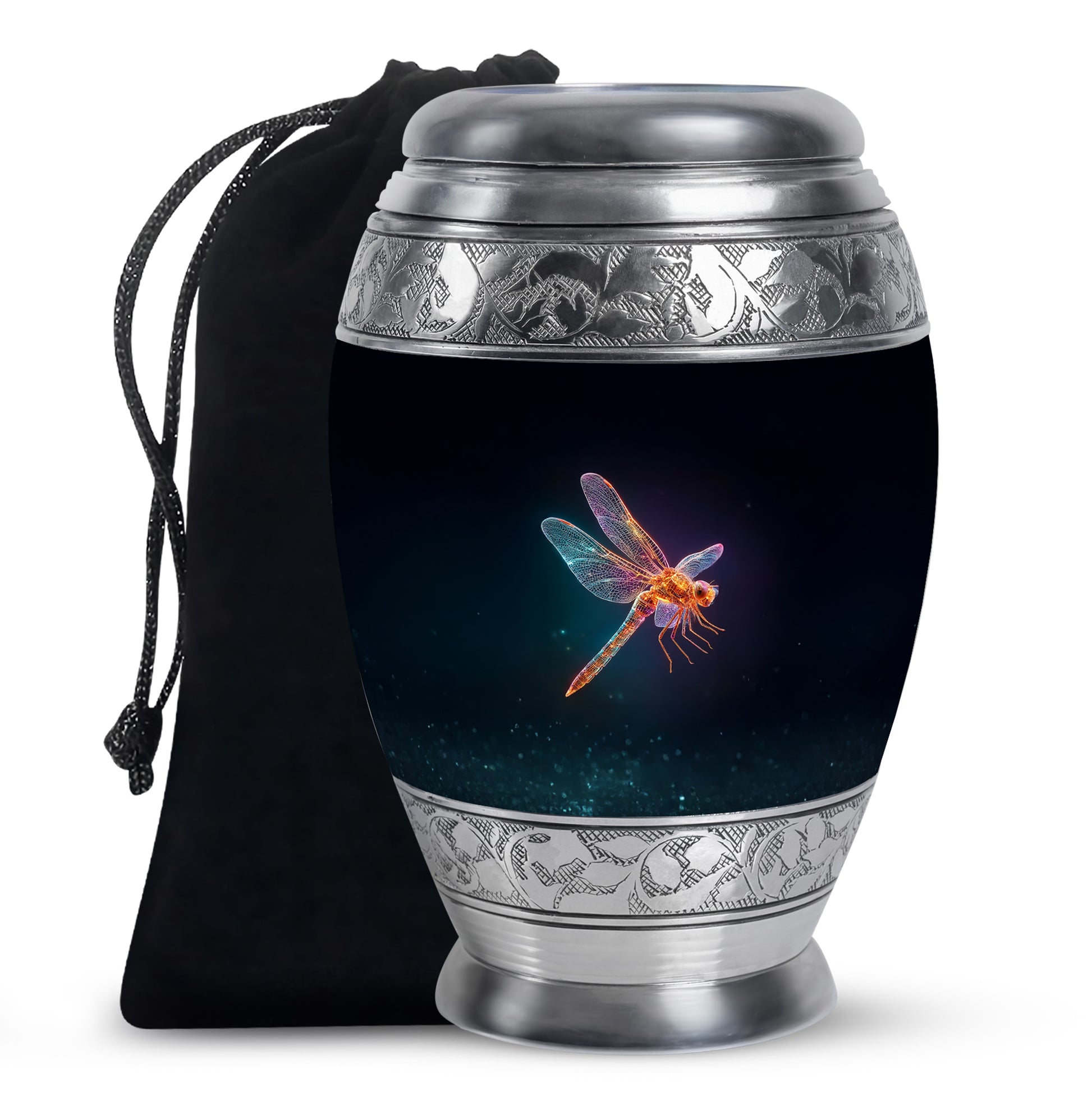 Rich Black Dragonfly Cremation Urn back view with polished surface - regal dragonfly design with crown-inspired accents - full-size 10 inch 200 cubic inch adult cremation urn