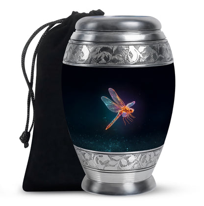 Rich Black Dragonfly Cremation Urn back view with polished surface - regal dragonfly design with crown-inspired accents - full-size 10 inch 200 cubic inch adult cremation urn