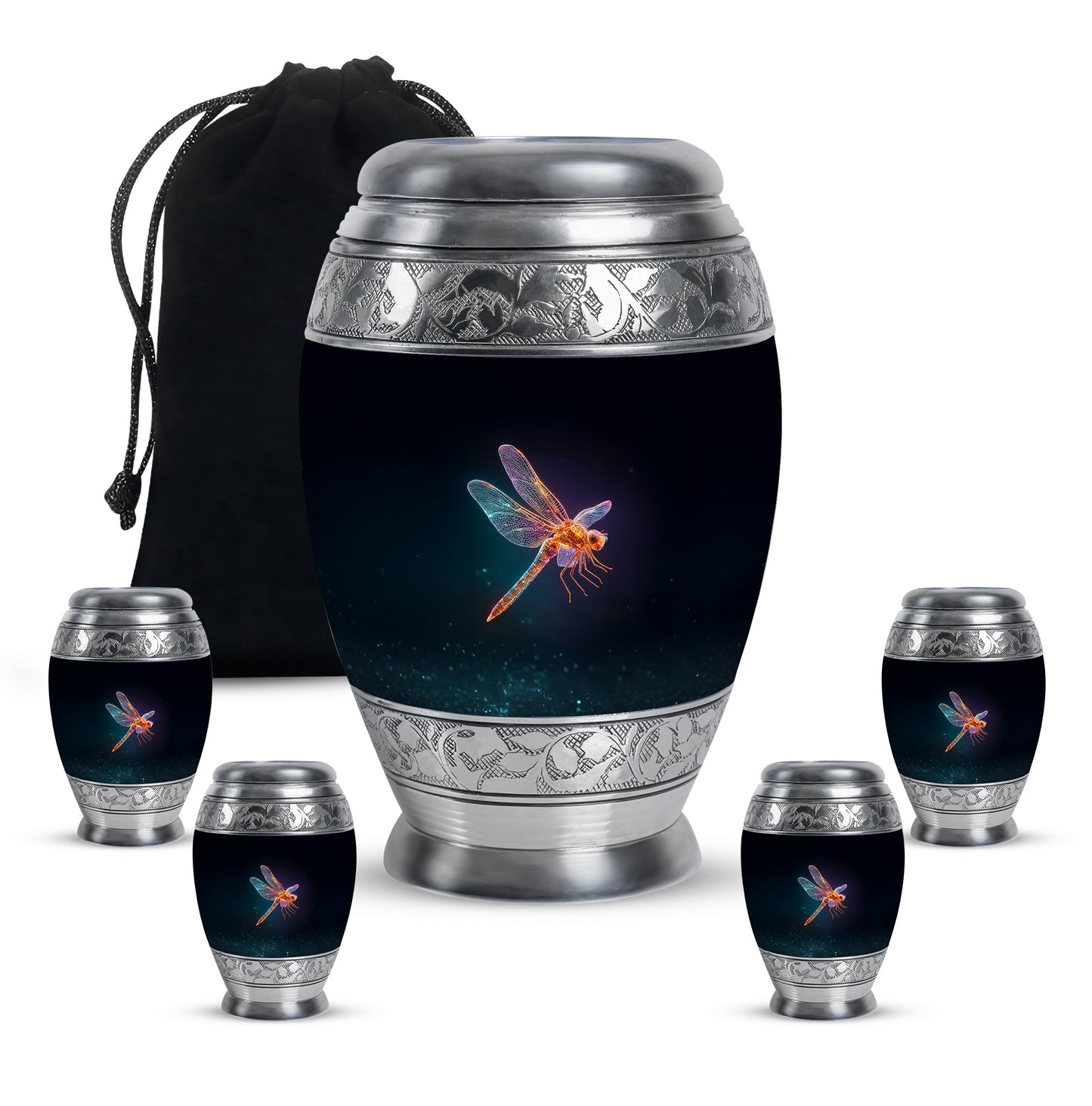 Onyx Black Dragonfly Cremation Urn detail view - majestic dragonfly pattern with filigree border - memorial set with one large and four small urns