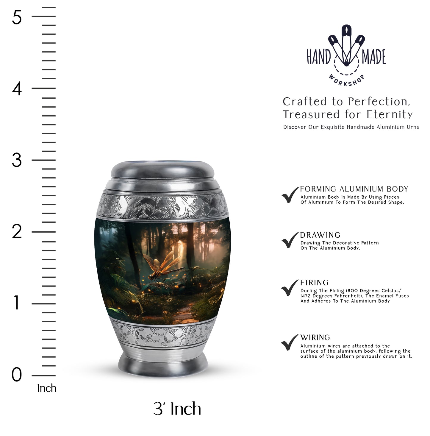 Deep Black Dragonfly Cremation Urn lifestyle display on memorial shelf - ornate monarch-style dragonfly relief on brushed aluminum - mini keepsake memorial for portion of cremation ashes