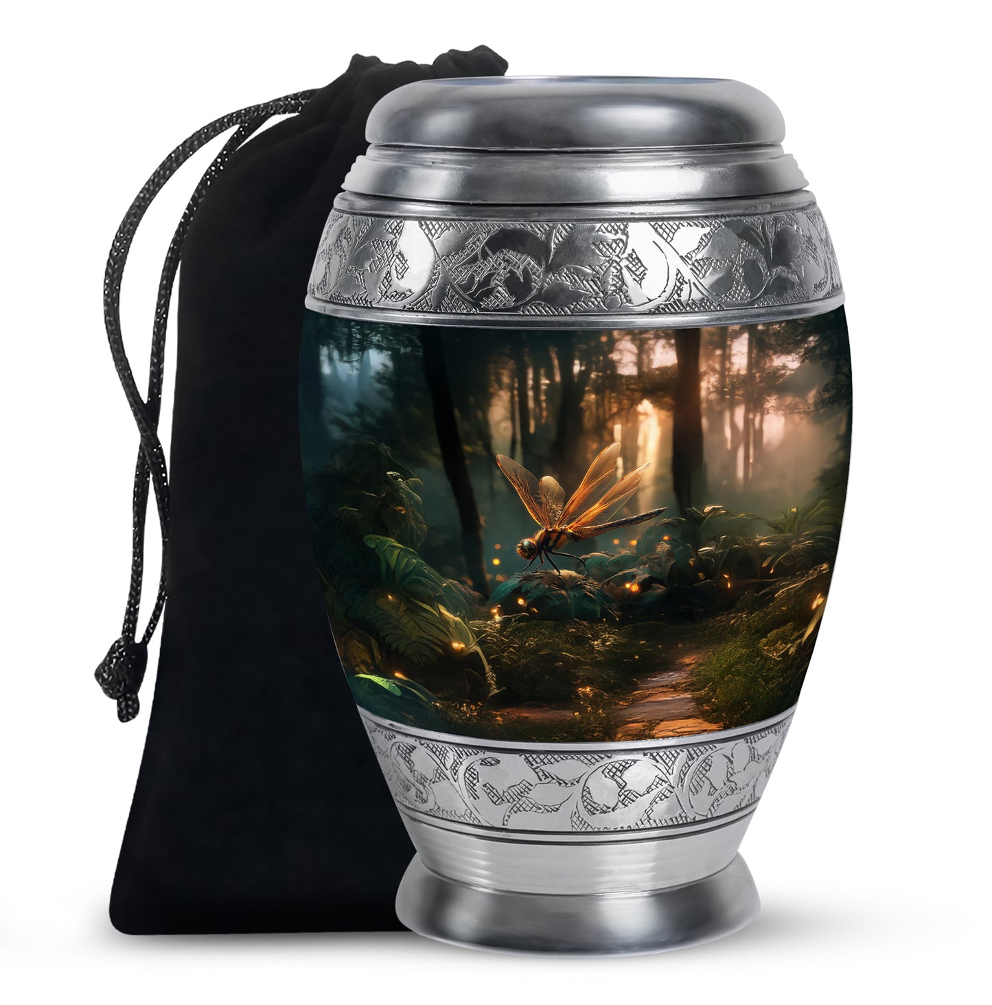 Deep Black Dragonfly Cremation Urn back view with polished surface - regal dragonfly design with crown-inspired accents - full-size 10 inch 200 cubic inch adult cremation urn