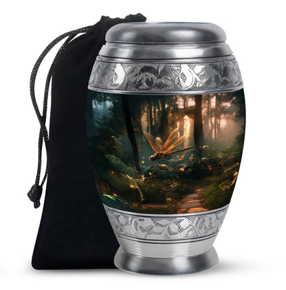 Deep Black Dragonfly Cremation Urn back view with polished surface - regal dragonfly design with crown-inspired accents - full-size 10 inch 200 cubic inch adult cremation urn