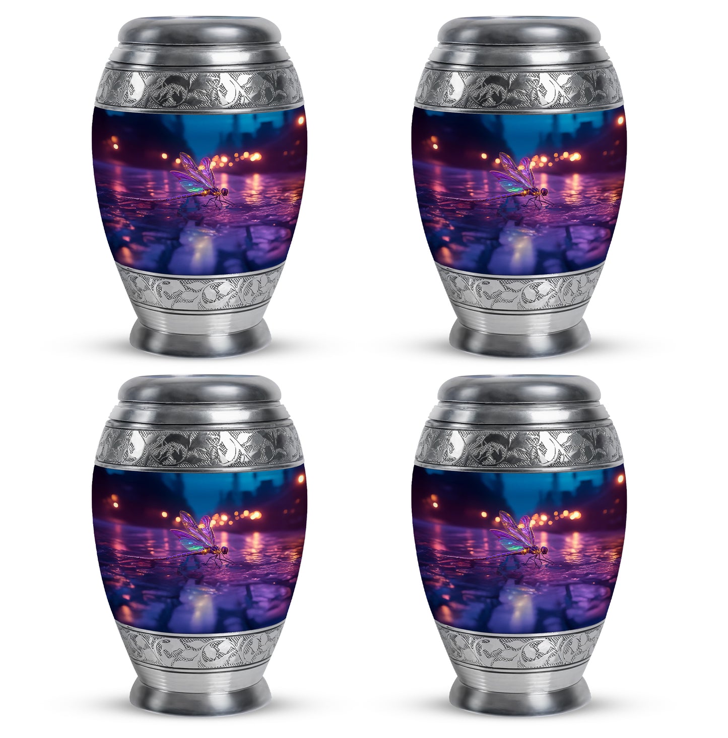 Vivid Blue Dragonfly Cremation Urn urn with complimentary velvet bag - royal dragonfly engraving with decorative scrollwork - 10 inch aluminum urn for cremated remains