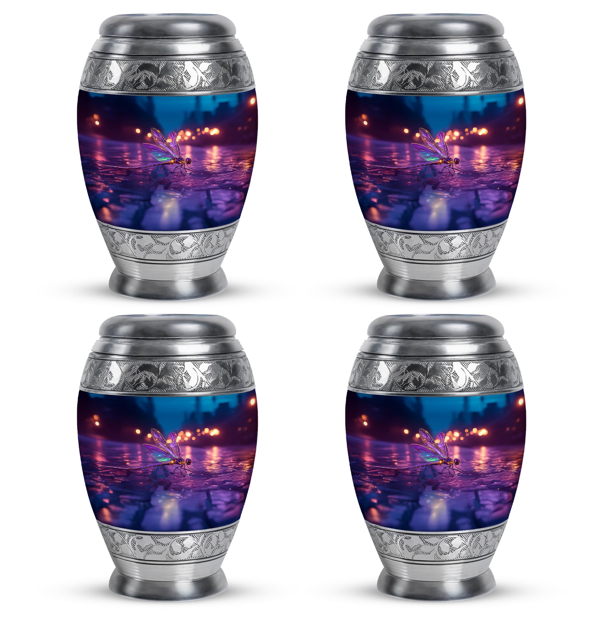 Vivid Blue Dragonfly Cremation Urn urn with complimentary velvet bag - royal dragonfly engraving with decorative scrollwork - 10 inch aluminum urn for cremated remains