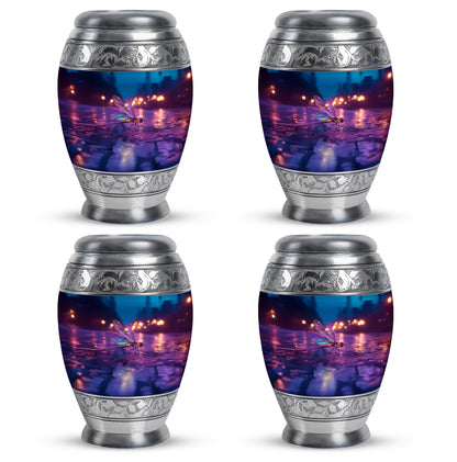 Vivid Blue Dragonfly Cremation Urn urn with complimentary velvet bag - royal dragonfly engraving with decorative scrollwork - 10 inch aluminum urn for cremated remains