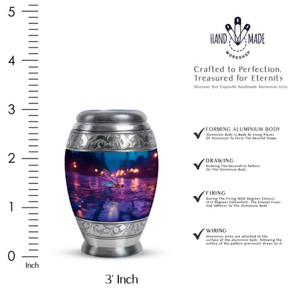 Slate Blue Dragonfly Cremation Urn lifestyle display on memorial shelf - regal dragonfly design with crown-inspired accents - mini keepsake memorial for portion of cremation ashes