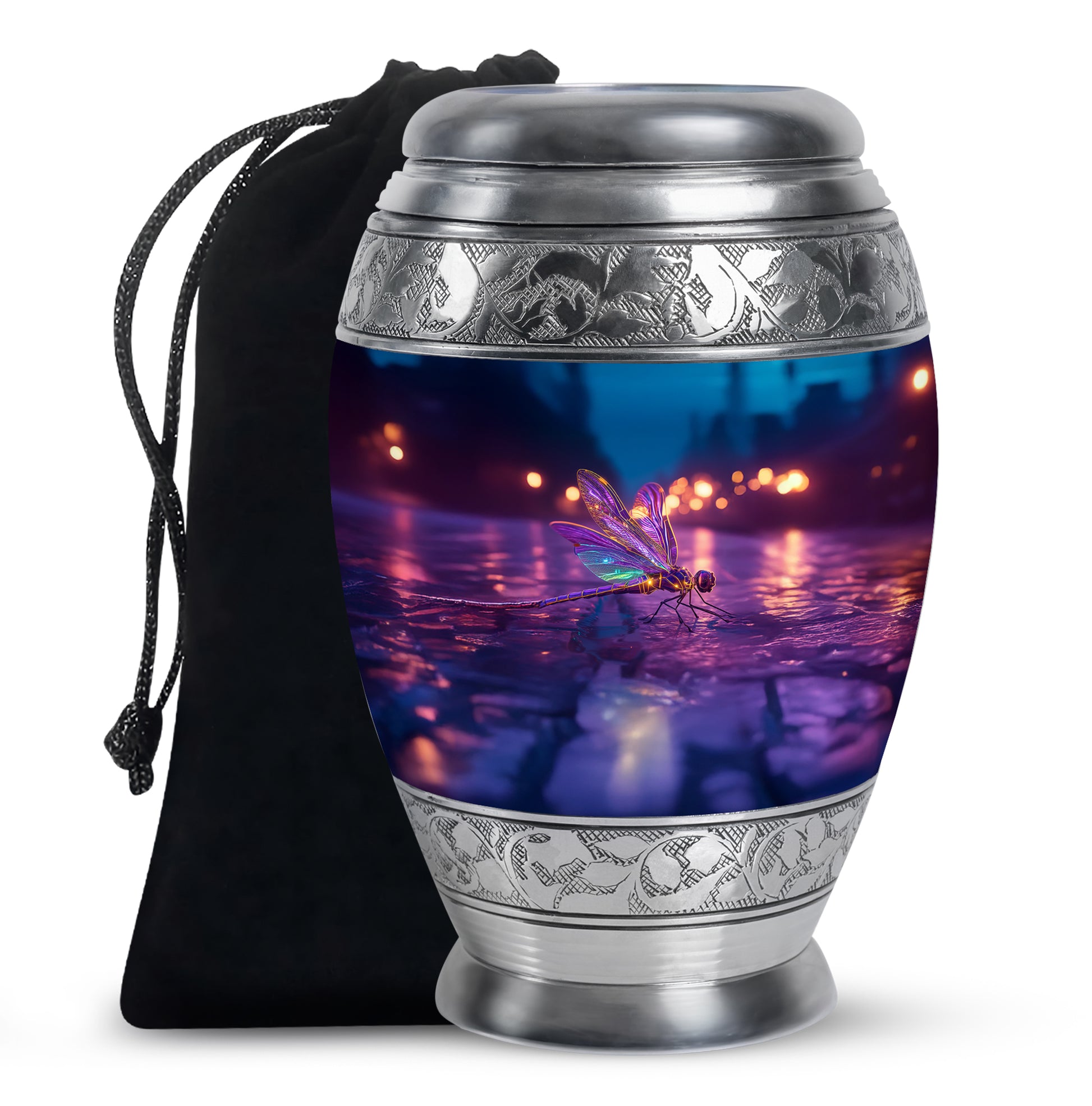 Cobalt Blue Dragonfly Cremation Urn back view with polished surface - majestic dragonfly pattern with filigree border - full-size 10 inch 200 cubic inch adult cremation urn