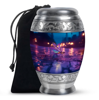Cobalt Blue Dragonfly Cremation Urn back view with polished surface - majestic dragonfly pattern with filigree border - full-size 10 inch 200 cubic inch adult cremation urn