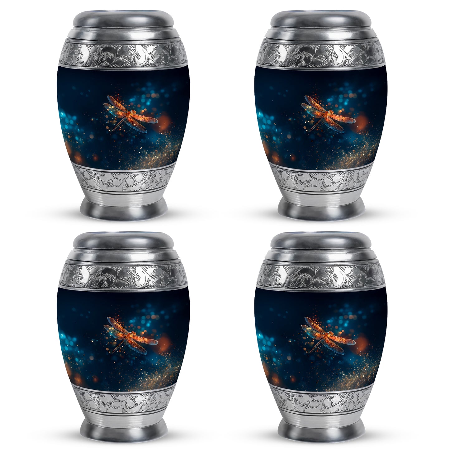 Indigo Dragonfly Cremation Urn urn with complimentary velvet bag - regal dragonfly design with crown-inspired accents - 10 inch aluminum urn for cremated remains