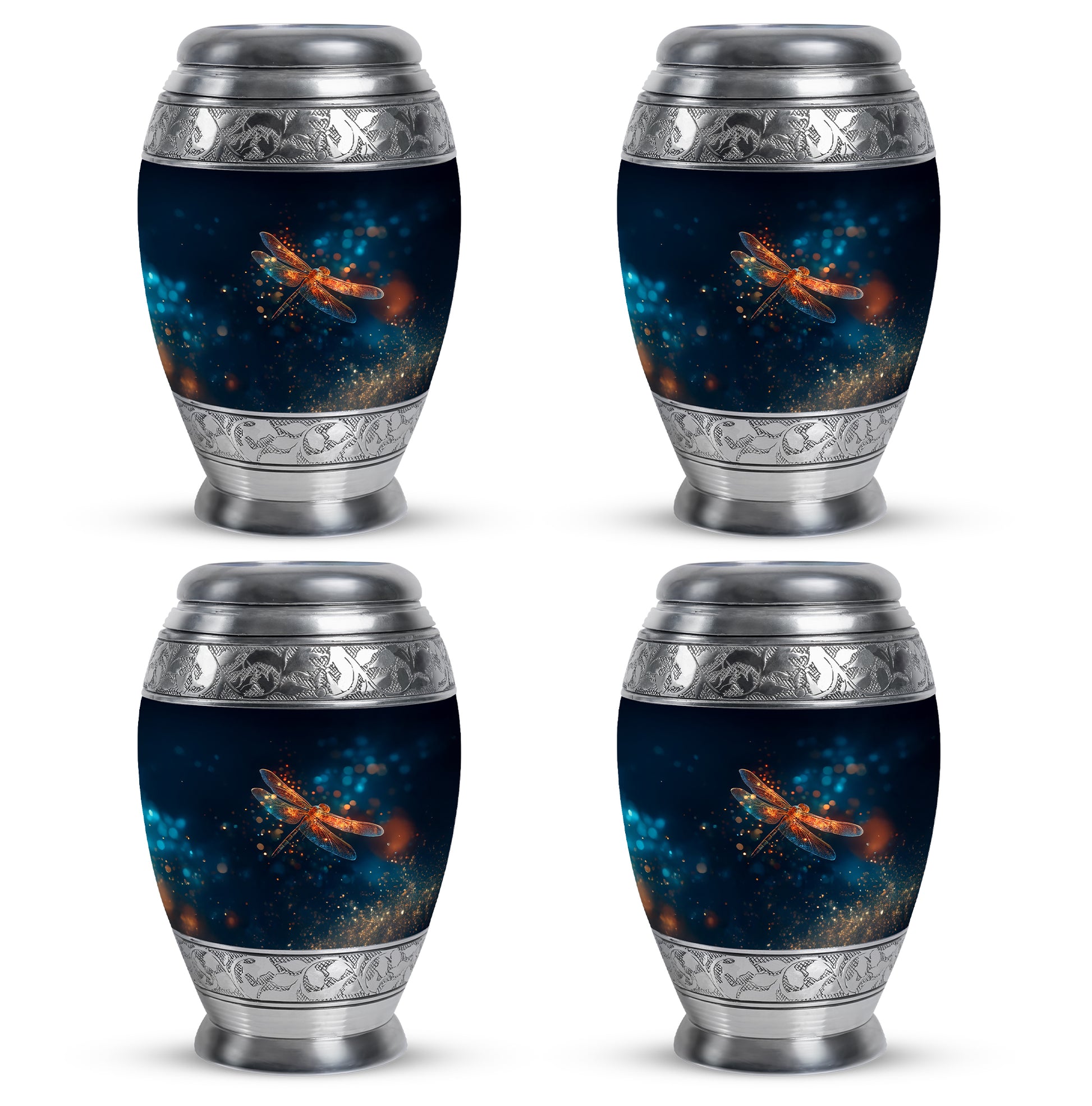 Indigo Dragonfly Cremation Urn urn with complimentary velvet bag - regal dragonfly design with crown-inspired accents - 10 inch aluminum urn for cremated remains