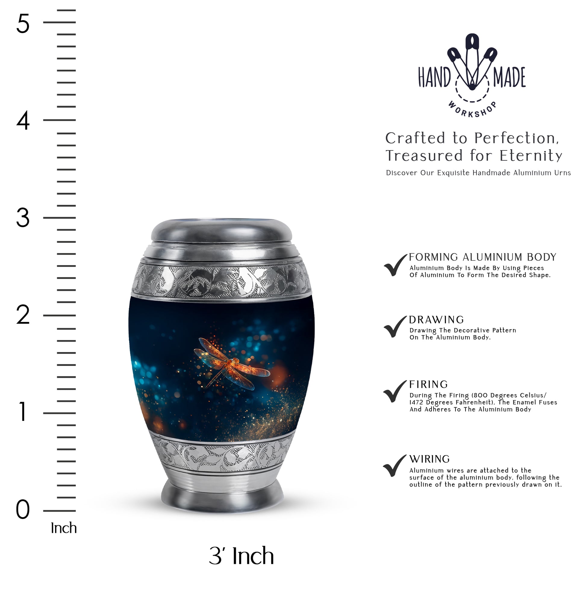 Royal Blue Dragonfly Cremation Urn lifestyle display on memorial shelf - royal dragonfly engraving with decorative scrollwork - mini keepsake memorial for portion of cremation ashes