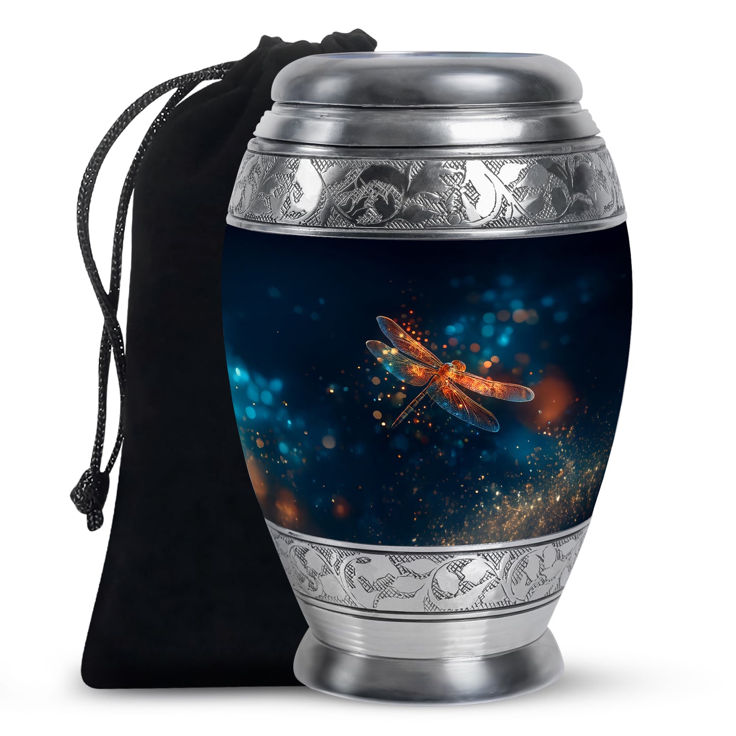 Bright Blue Dragonfly Cremation Urn back view with polished surface - majestic dragonfly pattern with filigree border - full-size 10 inch 200 cubic inch adult cremation urn