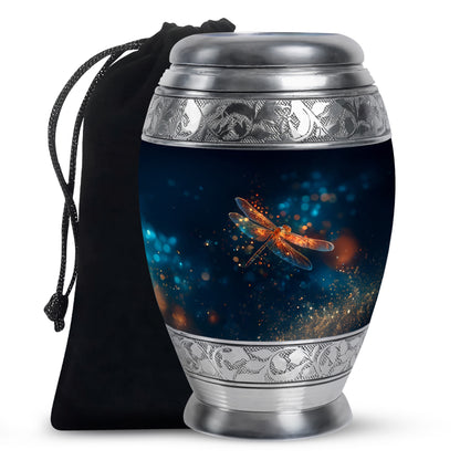 Bright Blue Dragonfly Cremation Urn back view with polished surface - majestic dragonfly pattern with filigree border - full-size 10 inch 200 cubic inch adult cremation urn