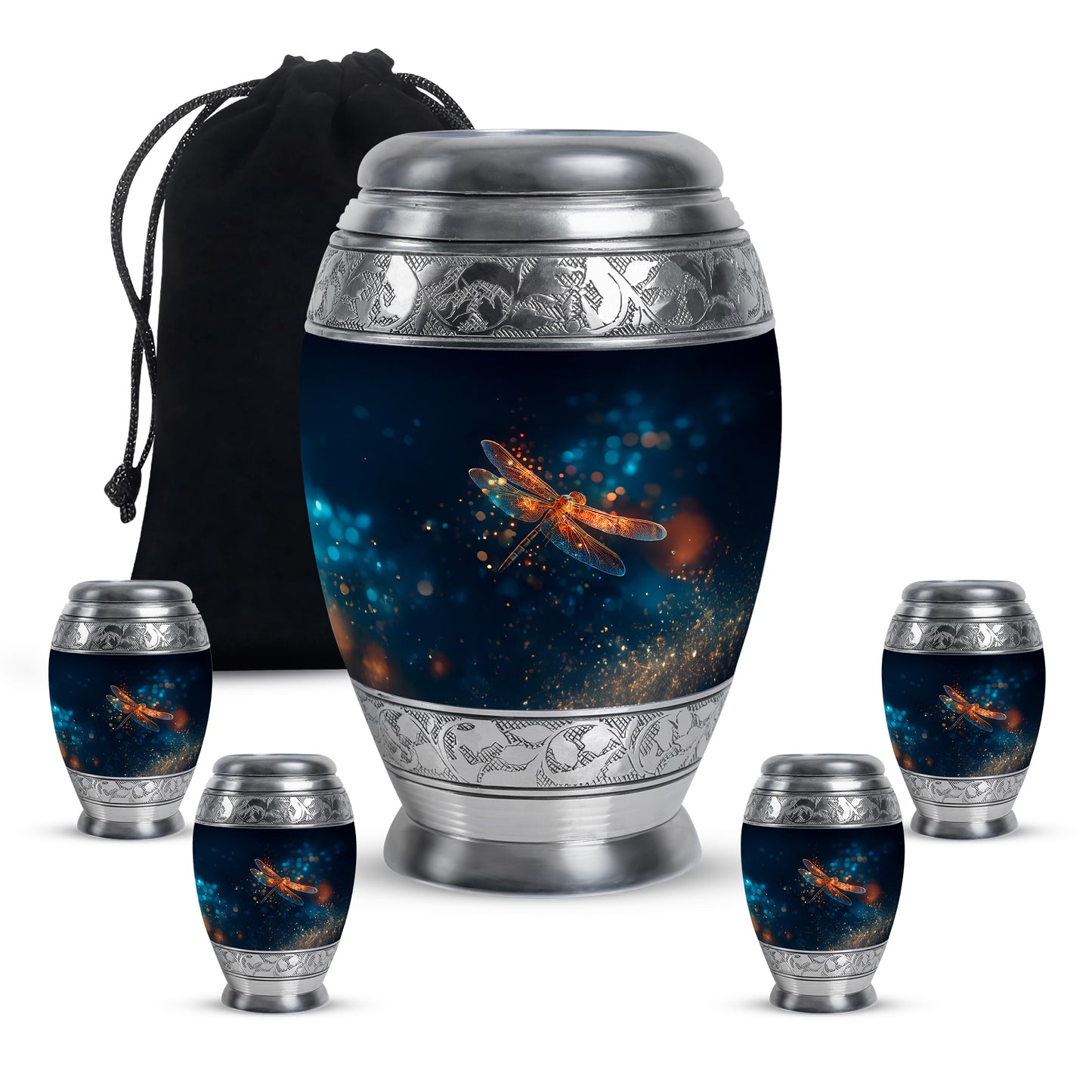 Steel Blue Dragonfly Cremation Urn detail view - majestic dragonfly pattern with filigree border - memorial set with one large and four small urns