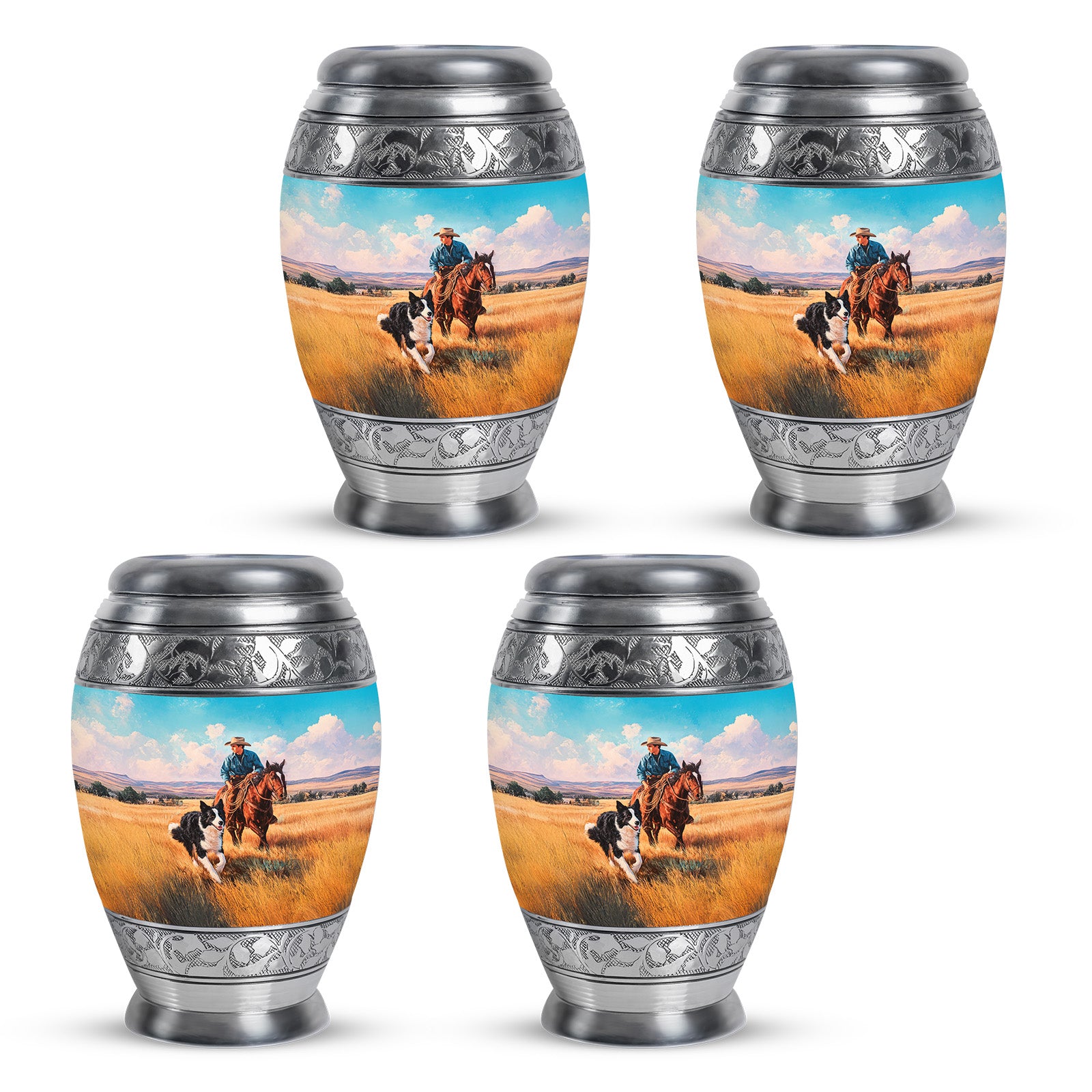 Cool Teal Cowboy Cremation Urn urn with complimentary velvet bag - ornate monarch-style cowboy relief on brushed aluminum - 10 inch aluminum urn for cremated remains
