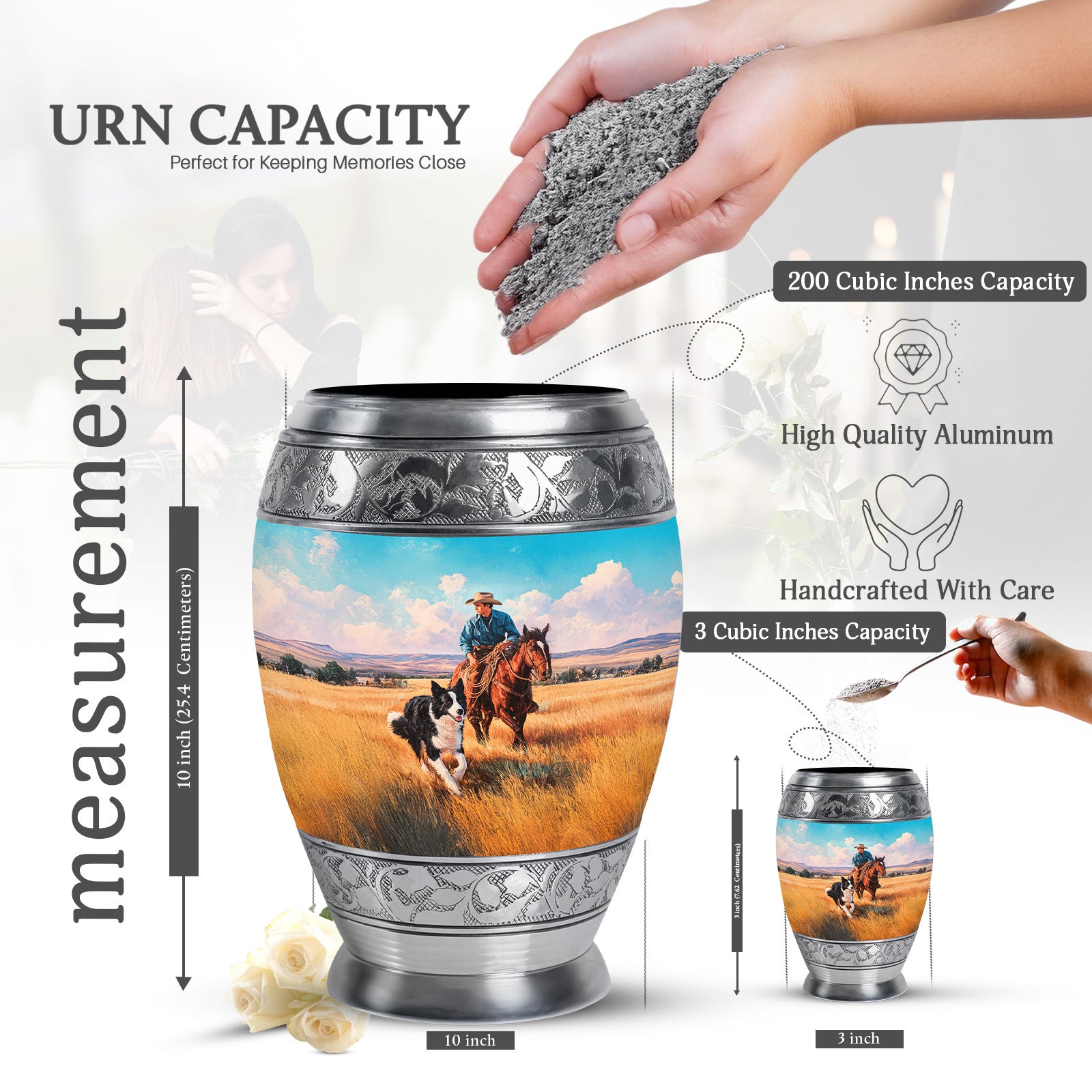 Vivid Teal Cowboy Cremation Urn lifestyle display on memorial shelf - majestic cowboy pattern with filigree border - mini keepsake memorial for portion of cremation ashes